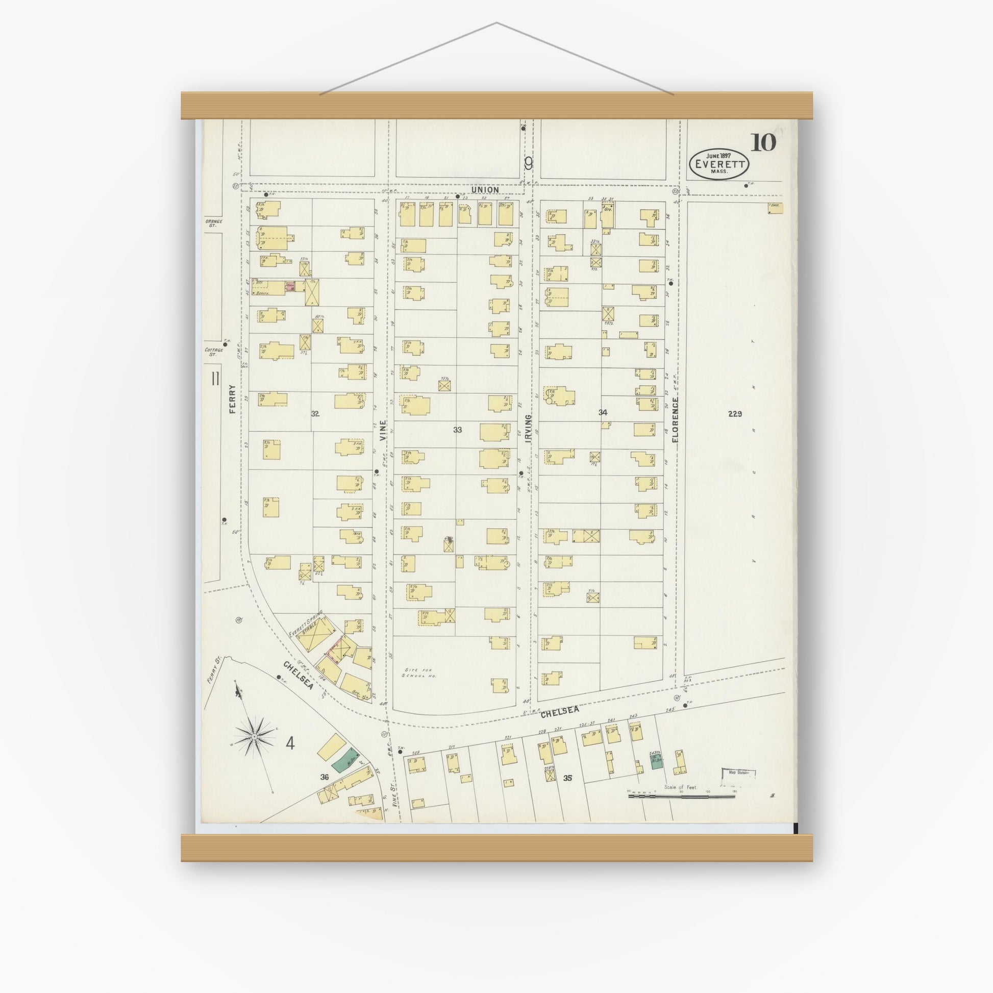 Old map wall art mockup — magnetic wood frame on white wall — Sanborn Fire Insurance Map from Everett, Middlesex County, Massachusetts (1897), Sheet #0010