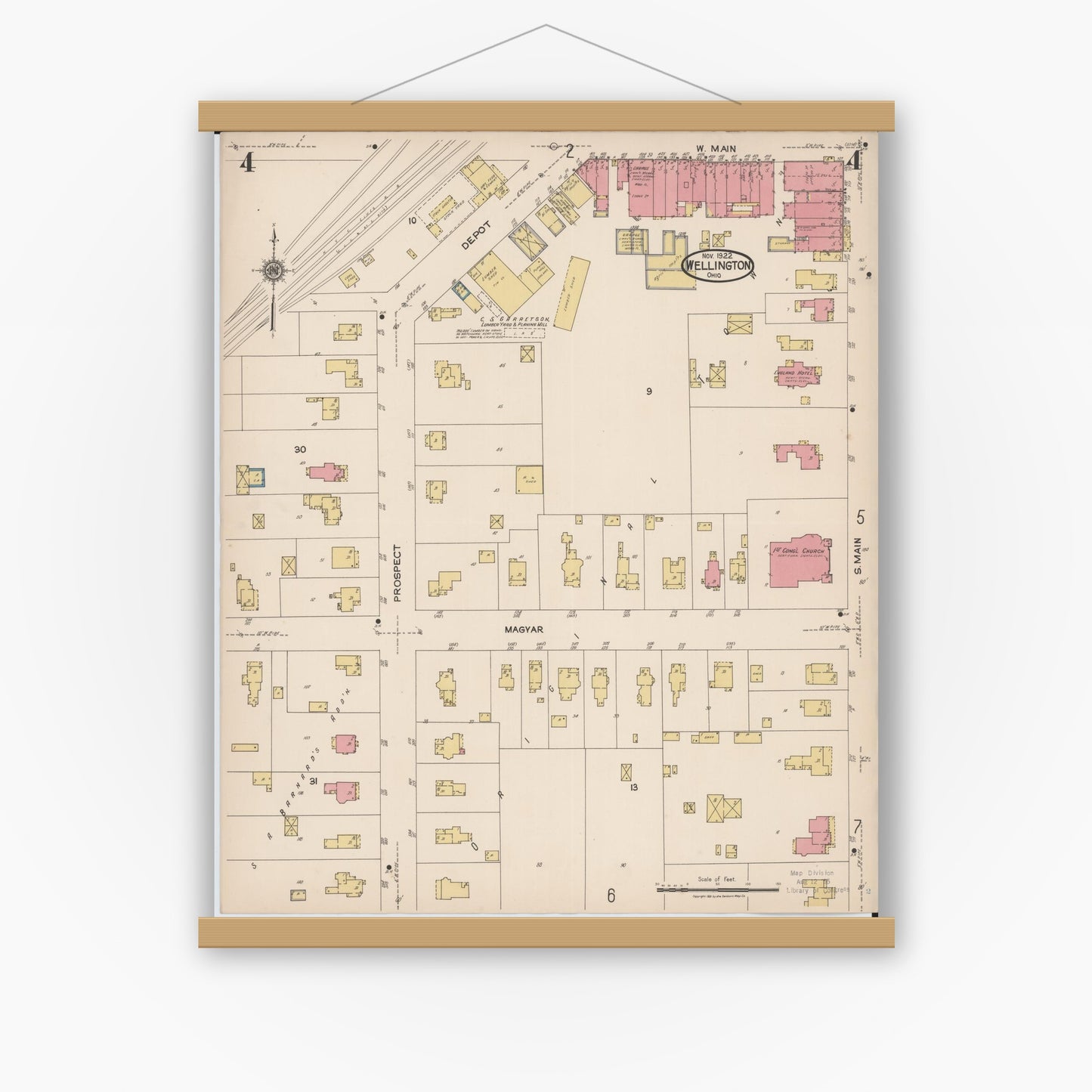 Old map wall art mockup — magnetic wood frame on white wall — Sanborn Fire Insurance Map from Wellington, Lorain County, Ohio (1922), Sheet #0004