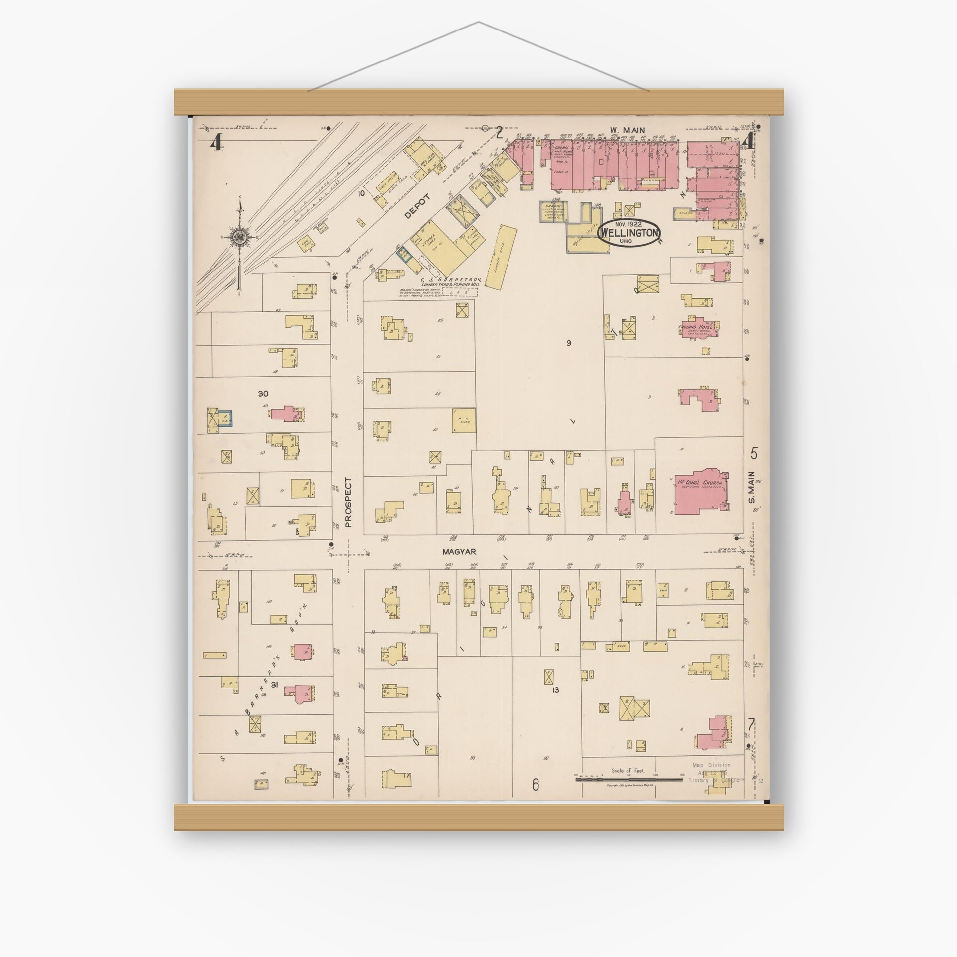 Old map wall art mockup — magnetic wood frame on white wall — Sanborn Fire Insurance Map from Wellington, Lorain County, Ohio (1922), Sheet #0004