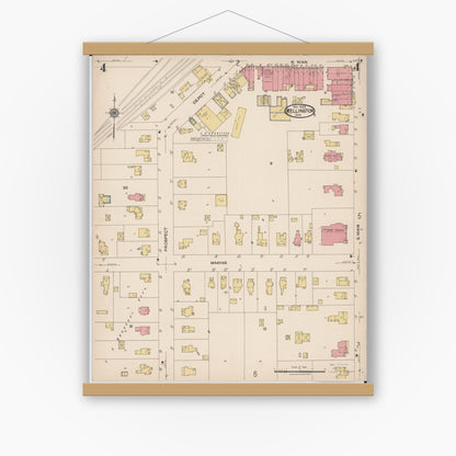 Old map wall art mockup — magnetic wood frame on white wall — Sanborn Fire Insurance Map from Wellington, Lorain County, Ohio (1922), Sheet #0004