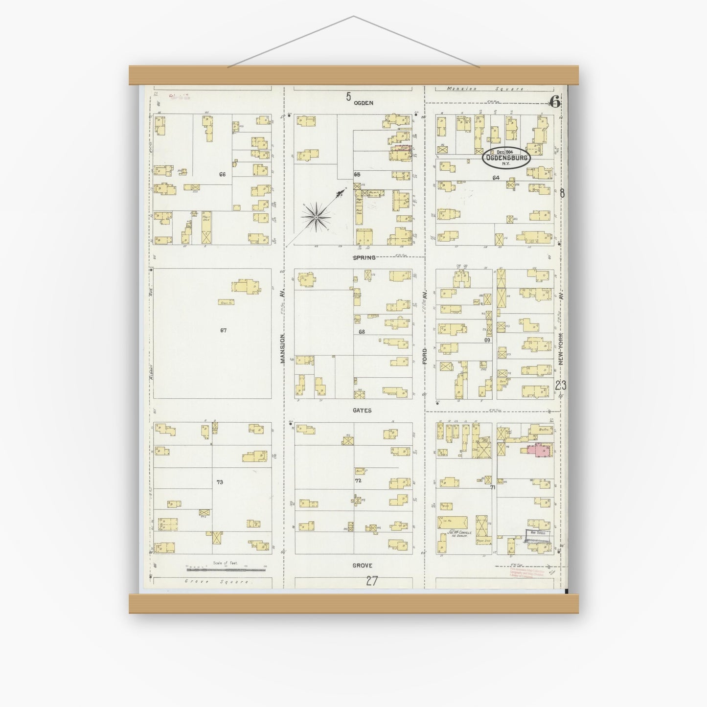 Old map wall art mockup — magnetic wood frame on white wall — Sanborn Fire Insurance Map from Ogdensburg, St. Lawrence County, New York (1904), Sheet #0006