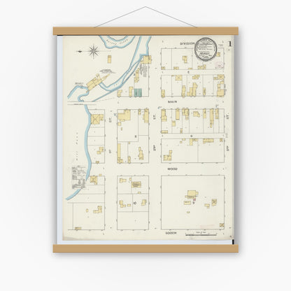 Old map wall art mockup — magnetic wood frame on white wall — Sanborn Fire Insurance Map from Hersey, Osceola County, Michigan (1894) - Complete Map Set