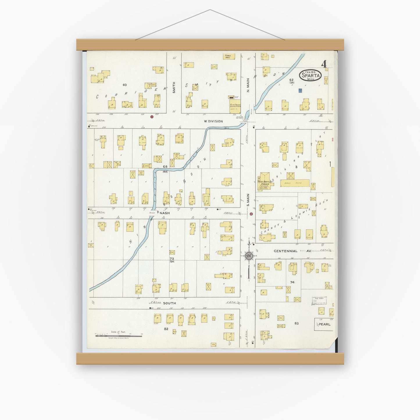 Old map wall art mockup — magnetic wood frame on white wall — Sanborn Fire Insurance Map from Sparta, Kent County, Michigan (1918), Sheet #0004