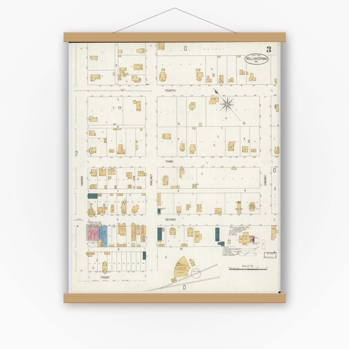 Old map wall art mockup — magnetic wood frame on white wall — Sanborn Fire Insurance Map from Willow Springs, Howell County, Missouri (1906), Sheet #0003