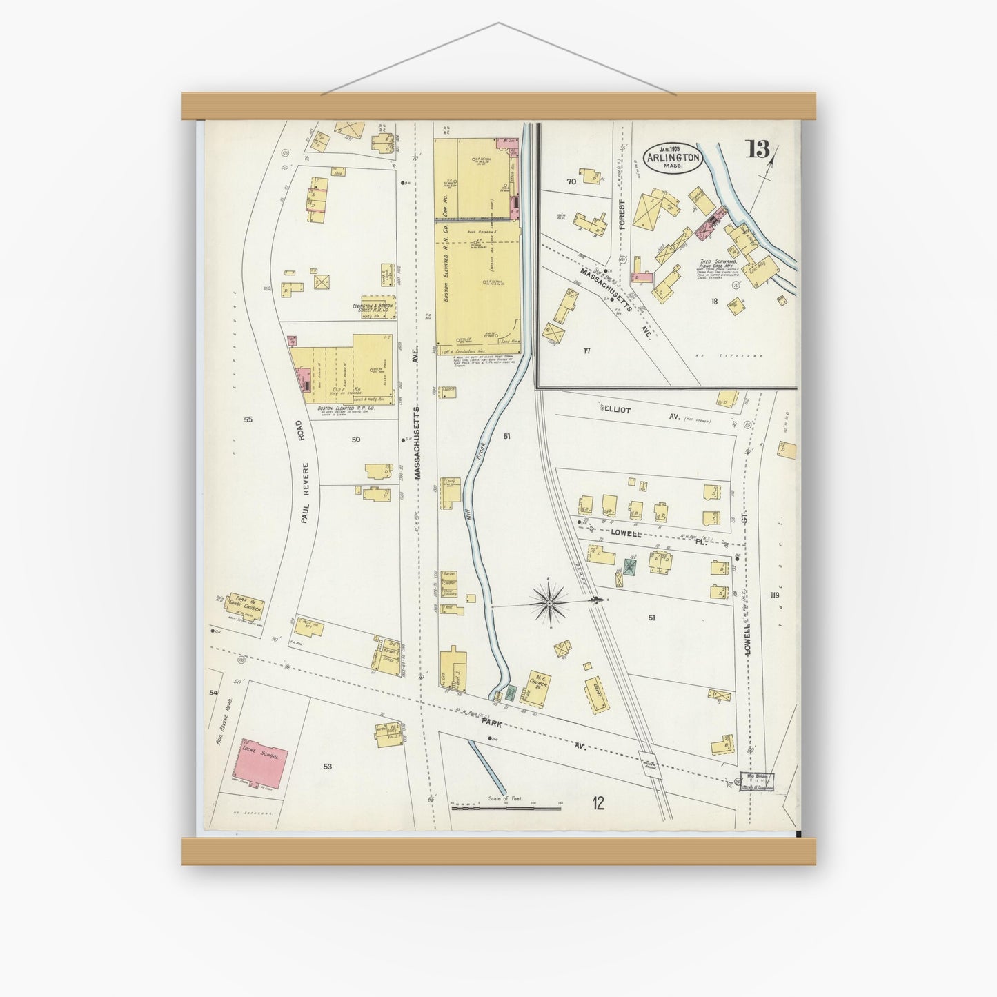 Old map wall art mockup — magnetic wood frame on white wall — Sanborn Fire Insurance Map from Arlington, Middlesex County, Massachusetts (1903), Sheet #0013