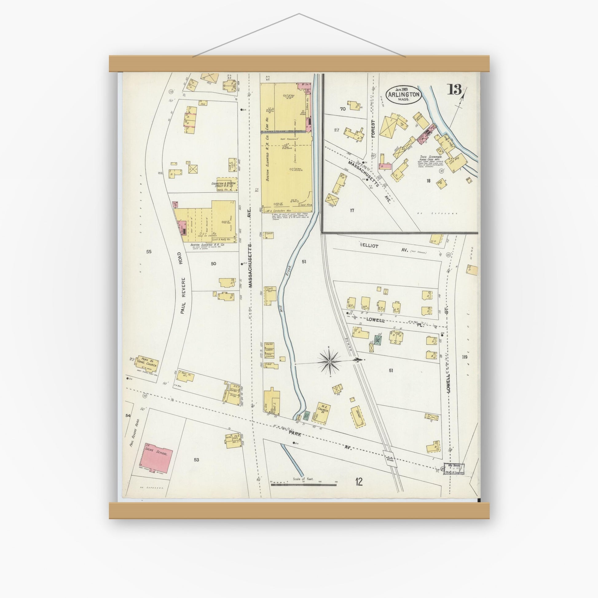 Old map wall art mockup — magnetic wood frame on white wall — Sanborn Fire Insurance Map from Arlington, Middlesex County, Massachusetts (1903), Sheet #0013