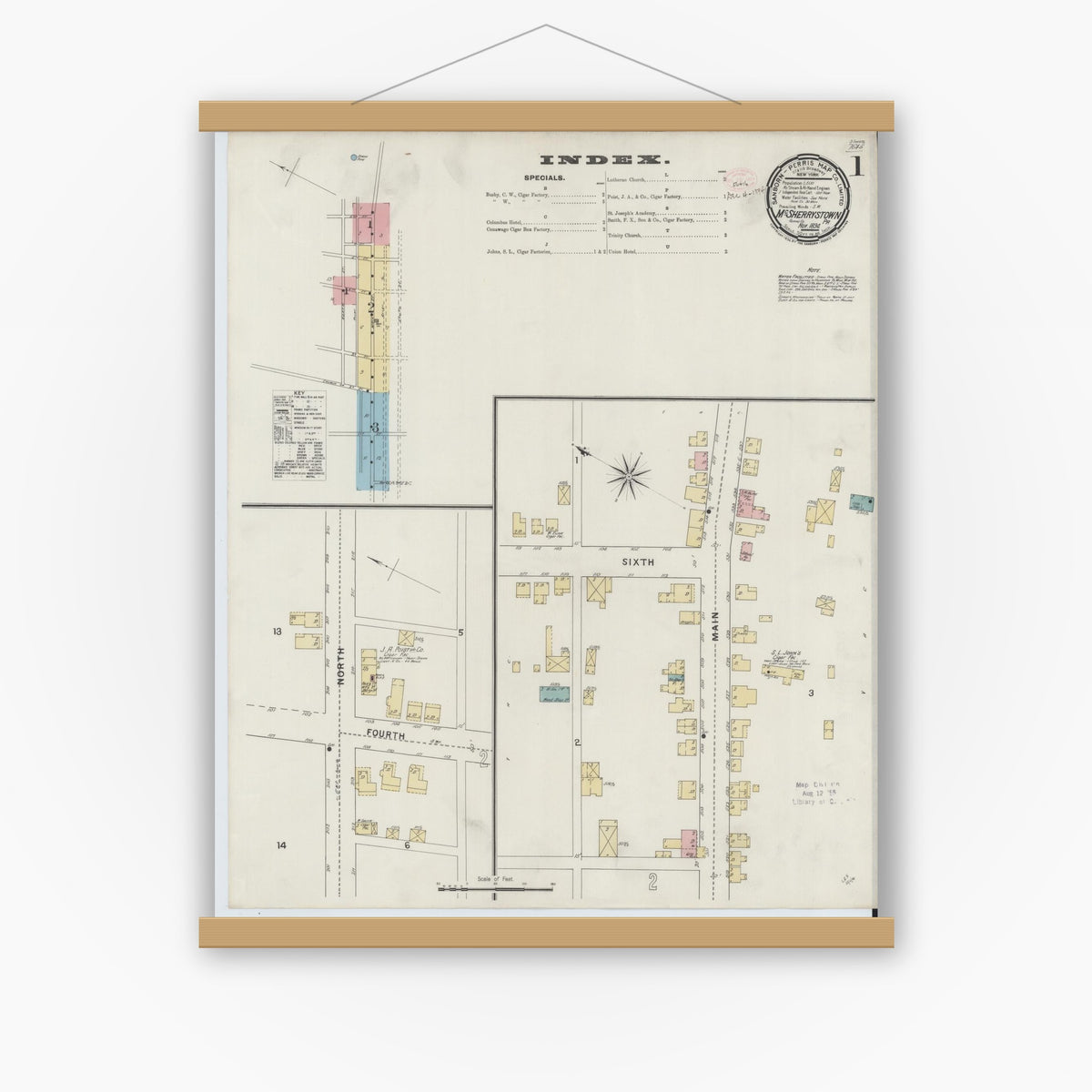 Old map wall art mockup — magnetic wood frame on white wall — Sanborn Fire Insurance Map from McSherrystown, Adams County, Pennsylvania (1894) - Complete Map Set