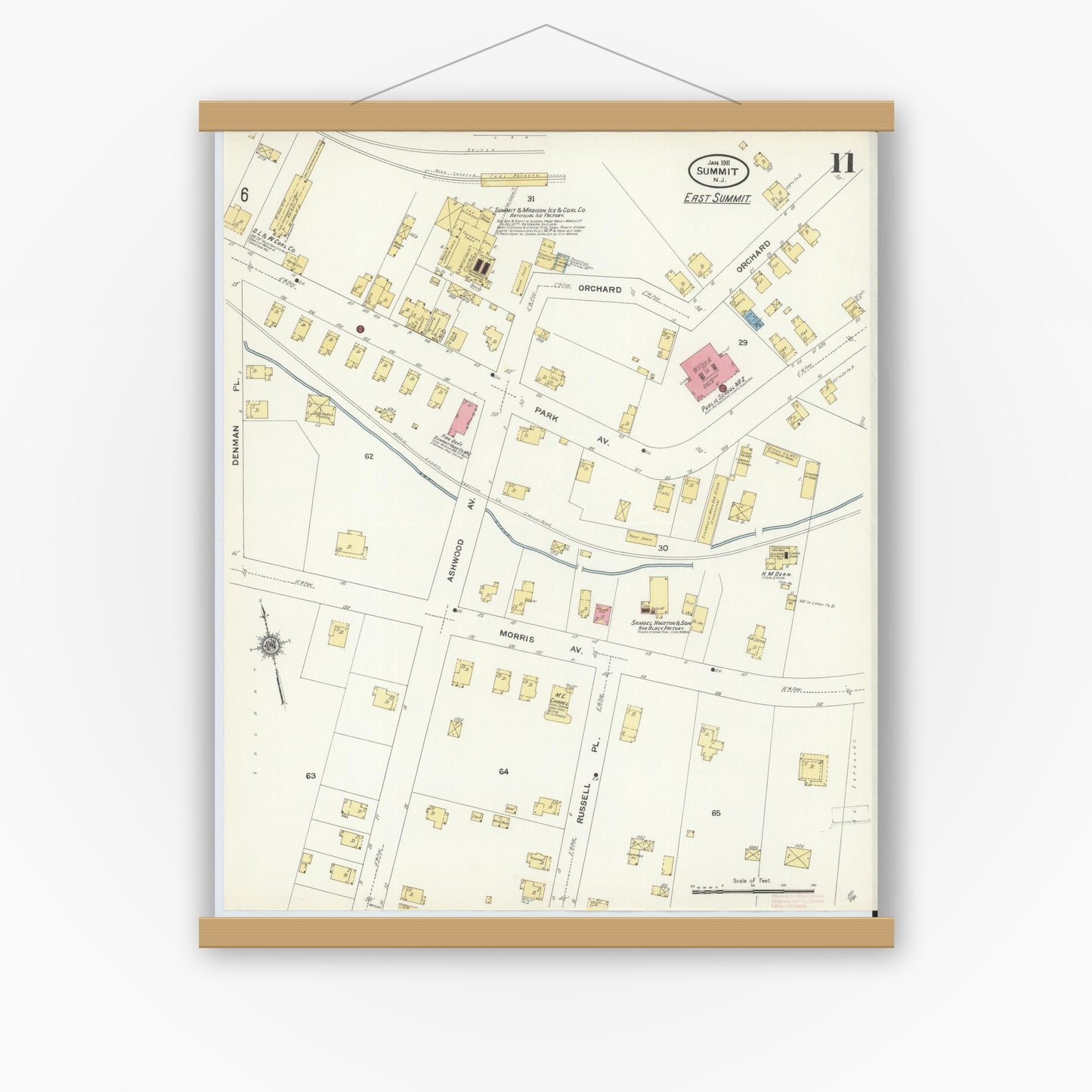 Old map wall art mockup — magnetic wood frame on white wall — Sanborn Fire Insurance Map from Summit, Union County, New Jersey (1911), Sheet #0011
