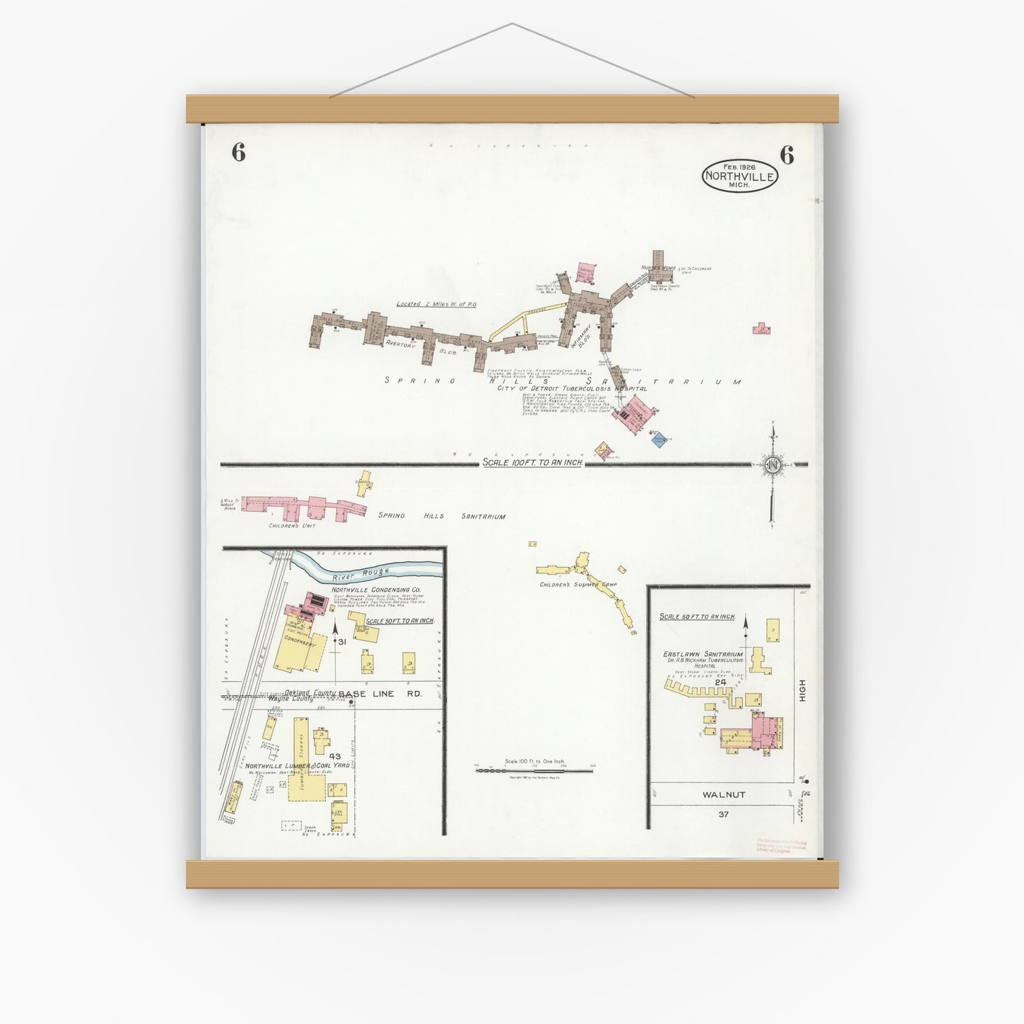 Old map wall art mockup — magnetic wood frame on white wall — Sanborn Fire Insurance Map from Northville, Wayne County, Michigan (1926), Sheet #0006
