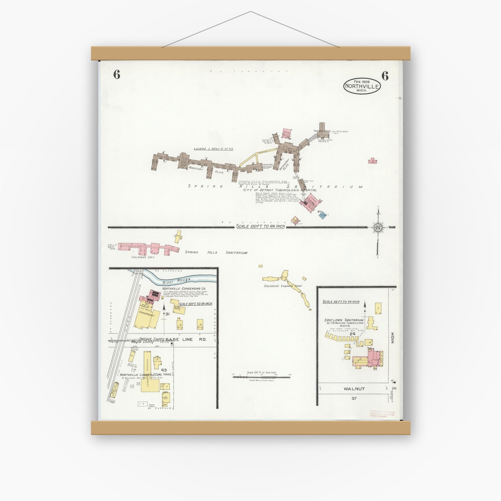 Old map wall art mockup — magnetic wood frame on white wall — Sanborn Fire Insurance Map from Northville, Wayne County, Michigan (1926), Sheet #0006