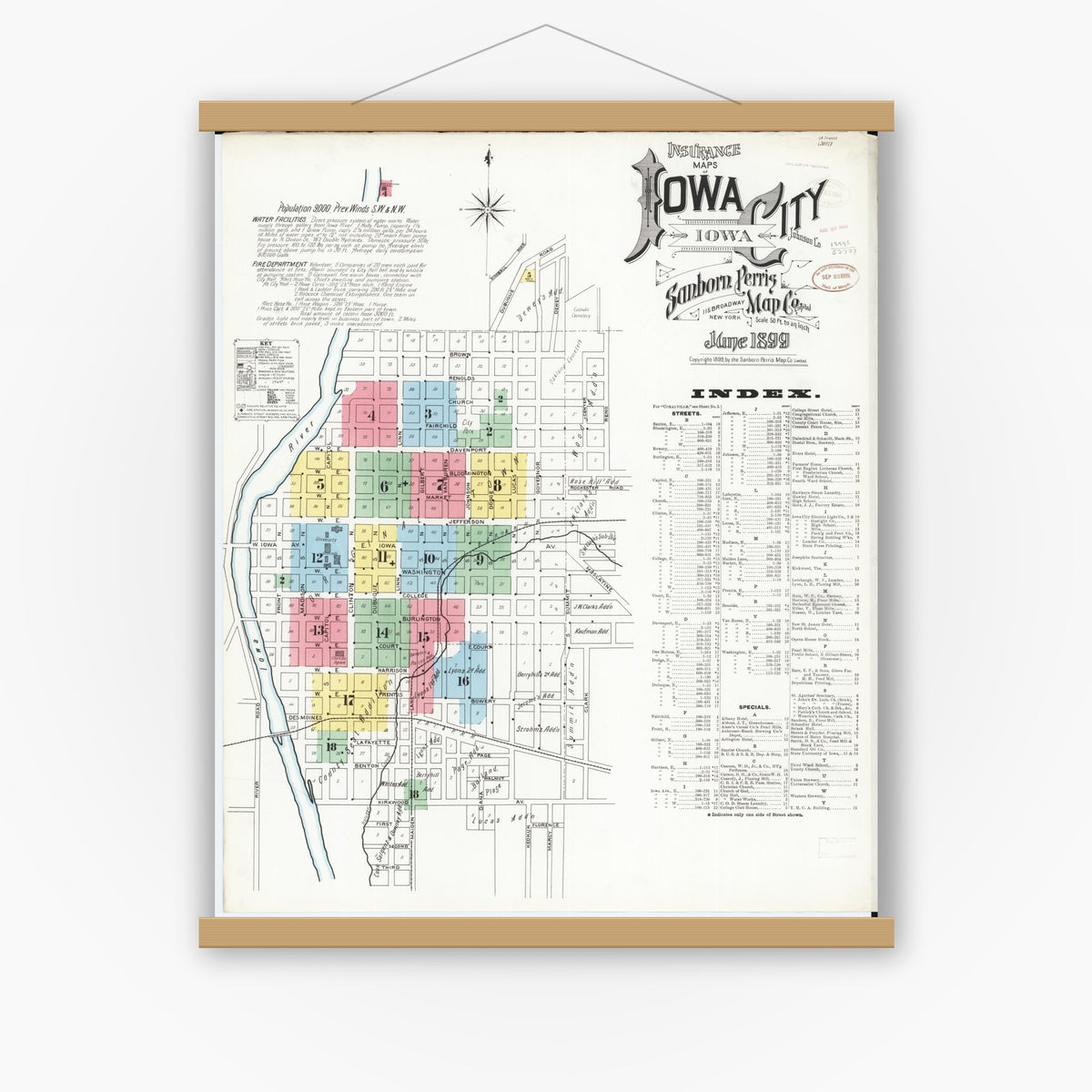 Old map wall art mockup — magnetic wood frame on white wall — Sanborn Fire Insurance Map from Iowa City, Johnson County, Iowa (1899) â€” Complete Set