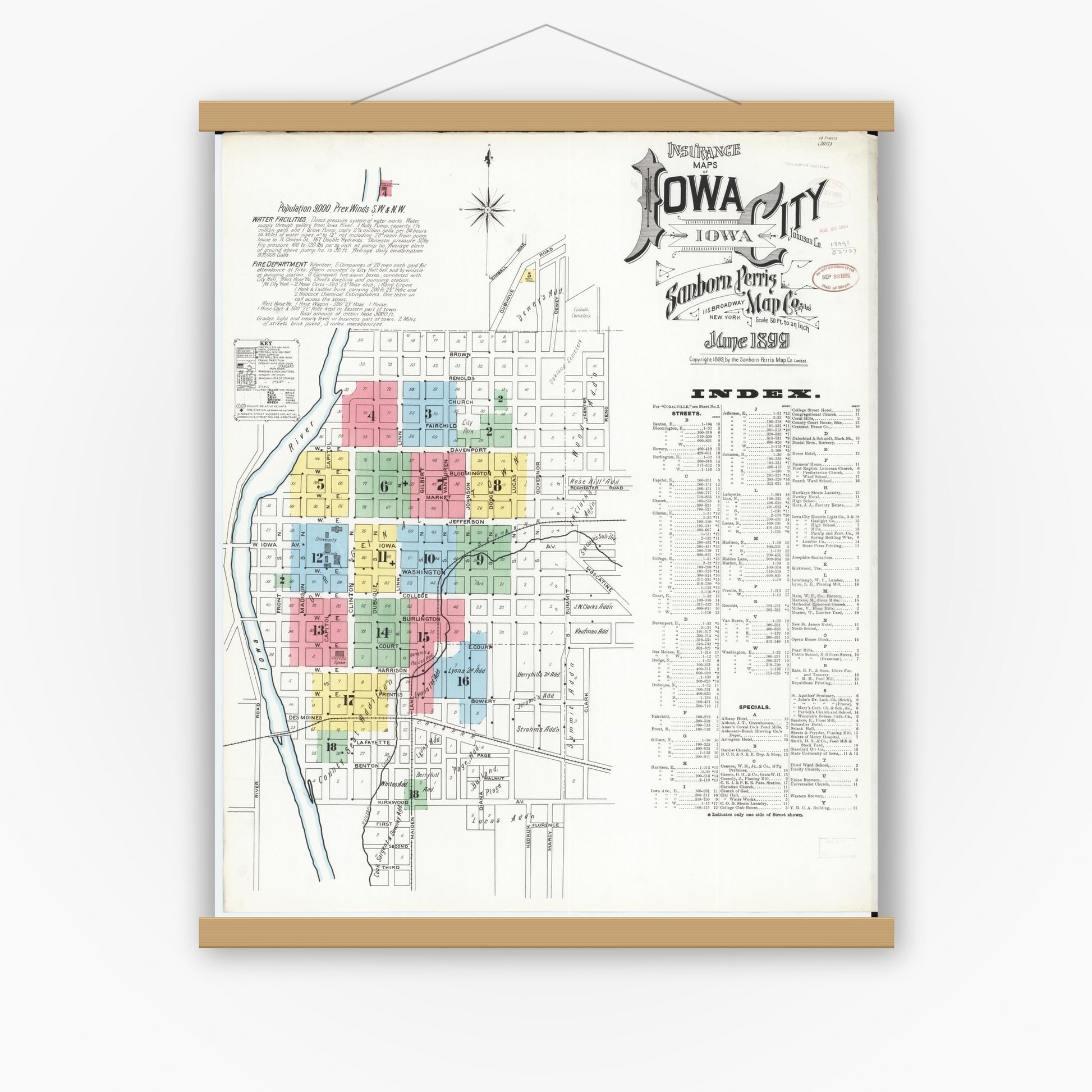 Old map wall art mockup — magnetic wood frame on white wall — Sanborn Fire Insurance Map from Iowa City, Johnson County, Iowa (1899) â€” Complete Set