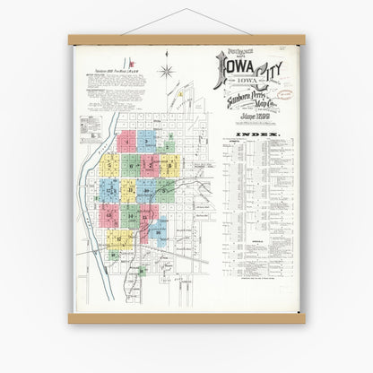 Old map wall art mockup — magnetic wood frame on white wall — Sanborn Fire Insurance Map from Iowa City, Johnson County, Iowa (1899) â€” Complete Set
