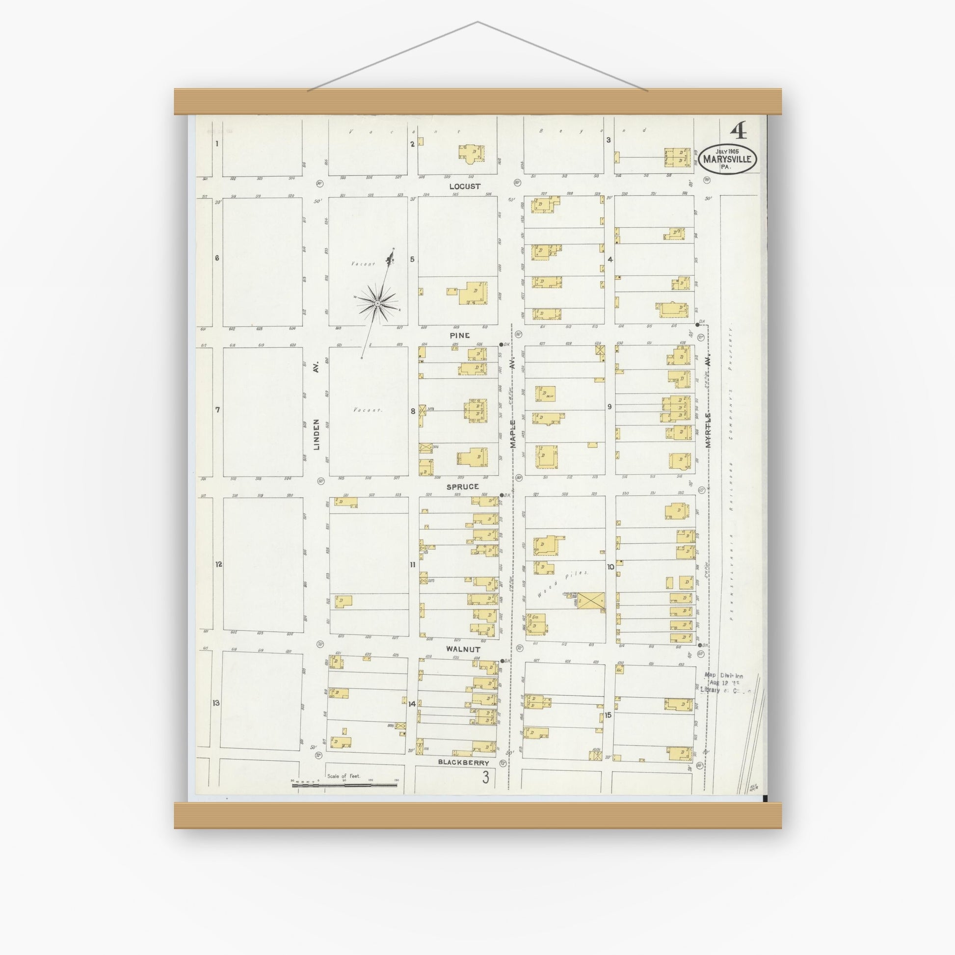 Old map wall art mockup — magnetic wood frame on white wall — Sanborn Fire Insurance Map from Marysville, Perry County, Pennsylvania (1905), Sheet #0004