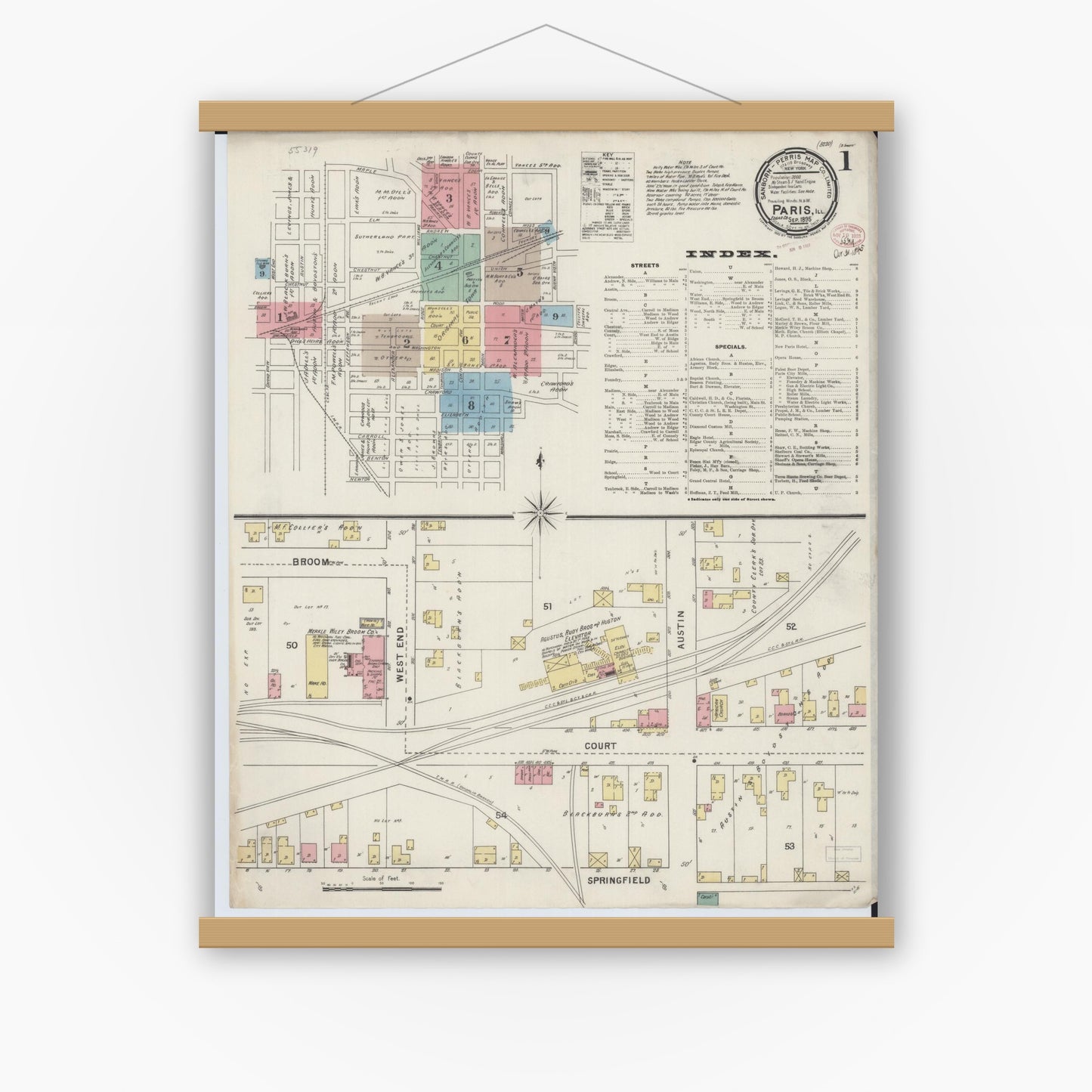 Old map wall art mockup — magnetic wood frame on white wall — Sanborn Fire Insurance Map from Paris, Edgar County, Illinois (1895) - Complete Map Set