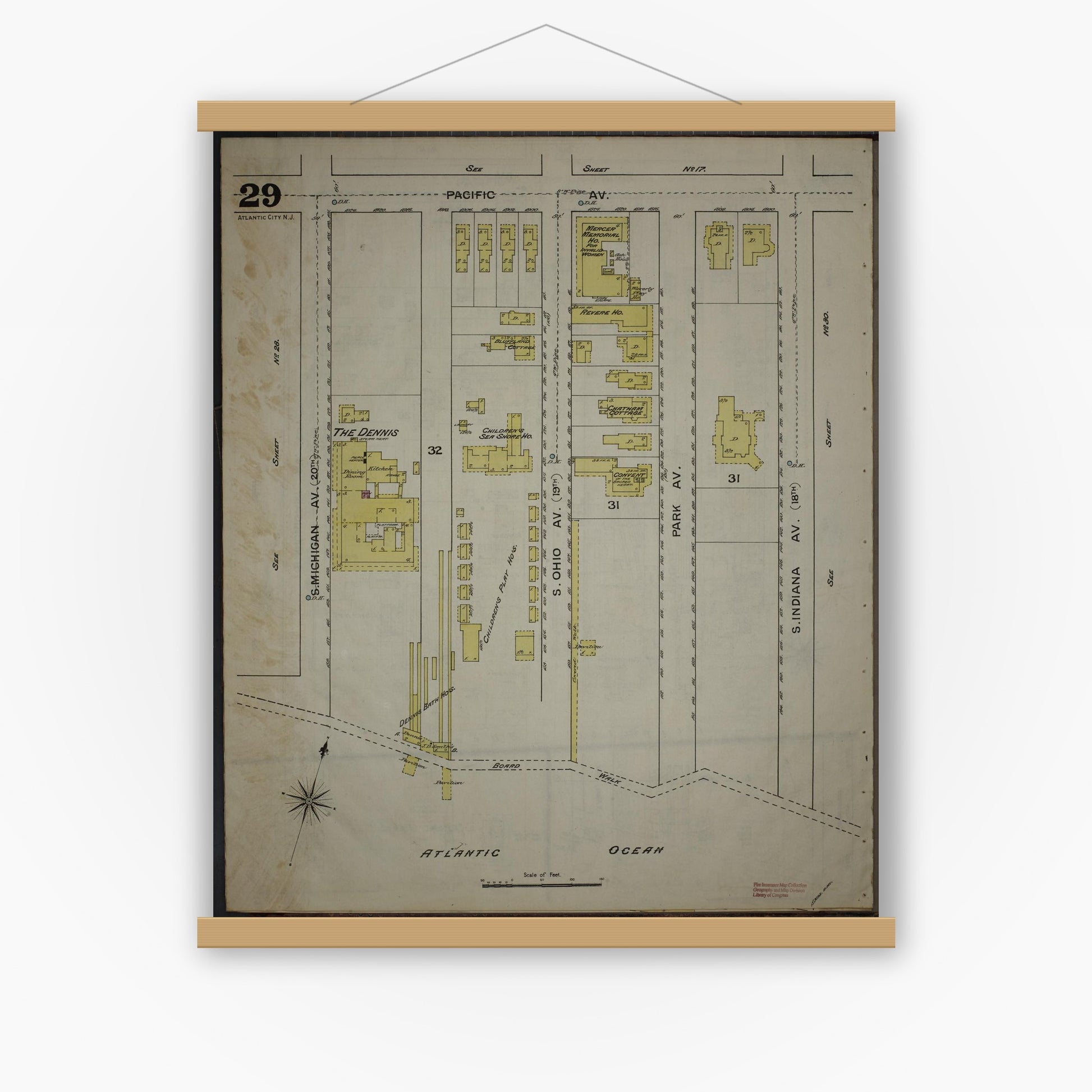 Old map wall art mockup — magnetic wood frame on white wall — Sanborn Fire Insurance Map from Atlantic City, Atlantic County, New Jersey (1886), Sheet #0029