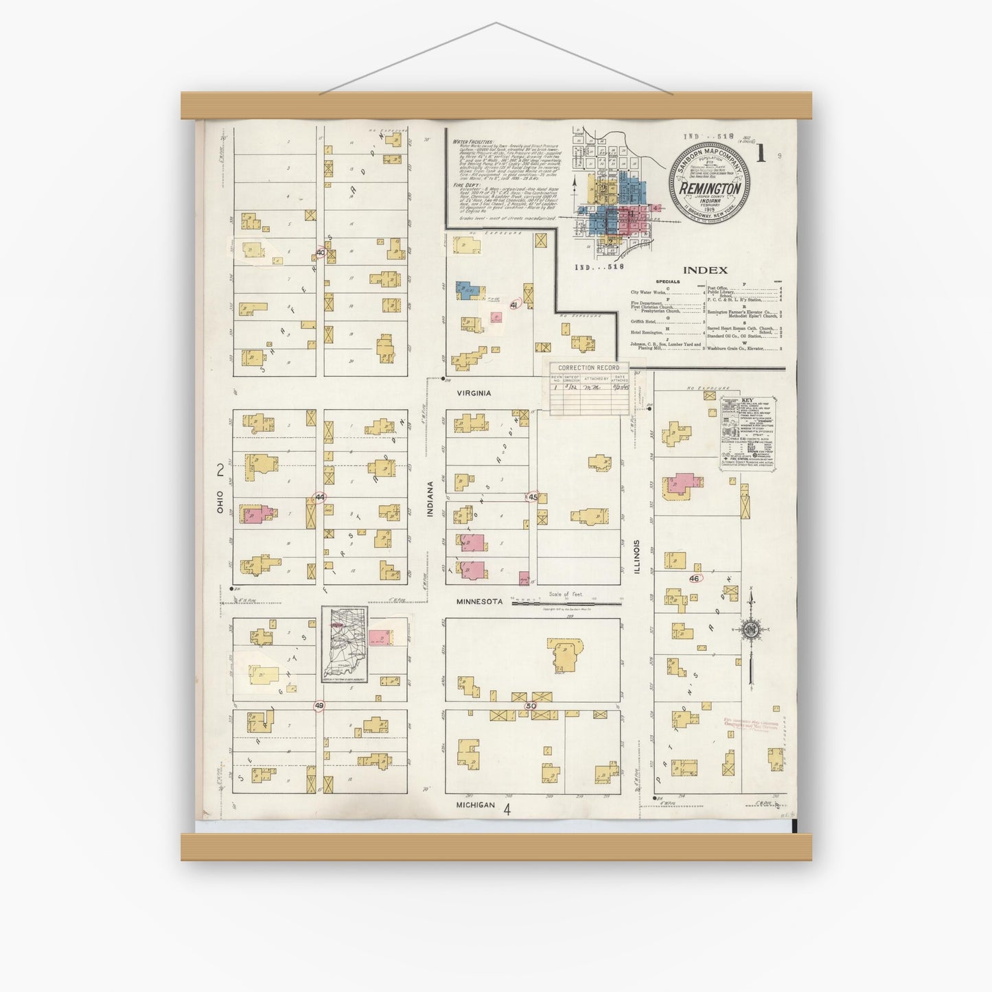 Old map wall art mockup — magnetic wood frame on white wall — Sanborn Fire Insurance Map from Remington, Jasper County, Indiana (1932) - Complete Map Set