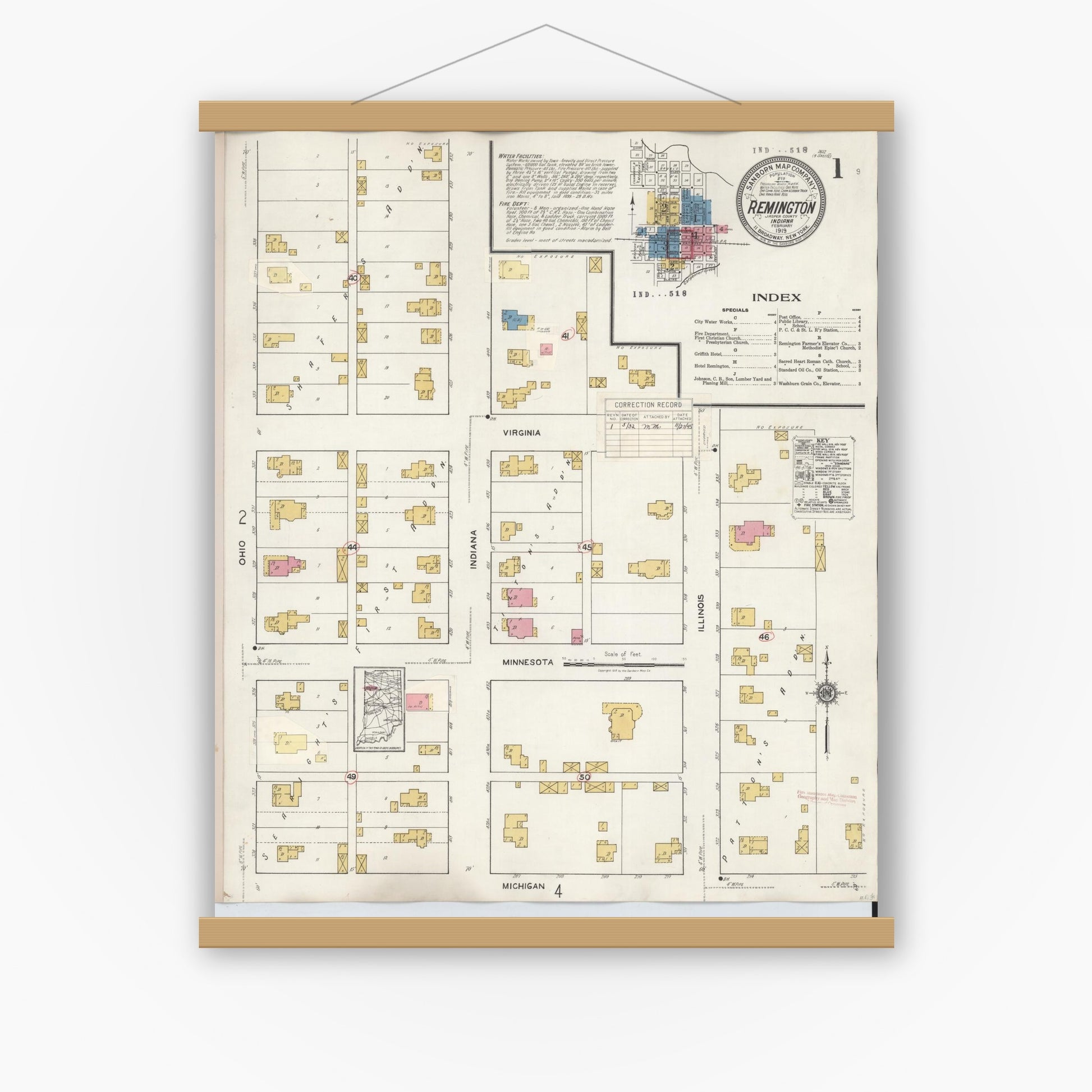 Old map wall art mockup — magnetic wood frame on white wall — Sanborn Fire Insurance Map from Remington, Jasper County, Indiana (1932) - Complete Map Set
