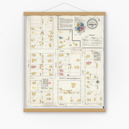 Old map wall art mockup — magnetic wood frame on white wall — Sanborn Fire Insurance Map from Remington, Jasper County, Indiana (1932) - Complete Map Set