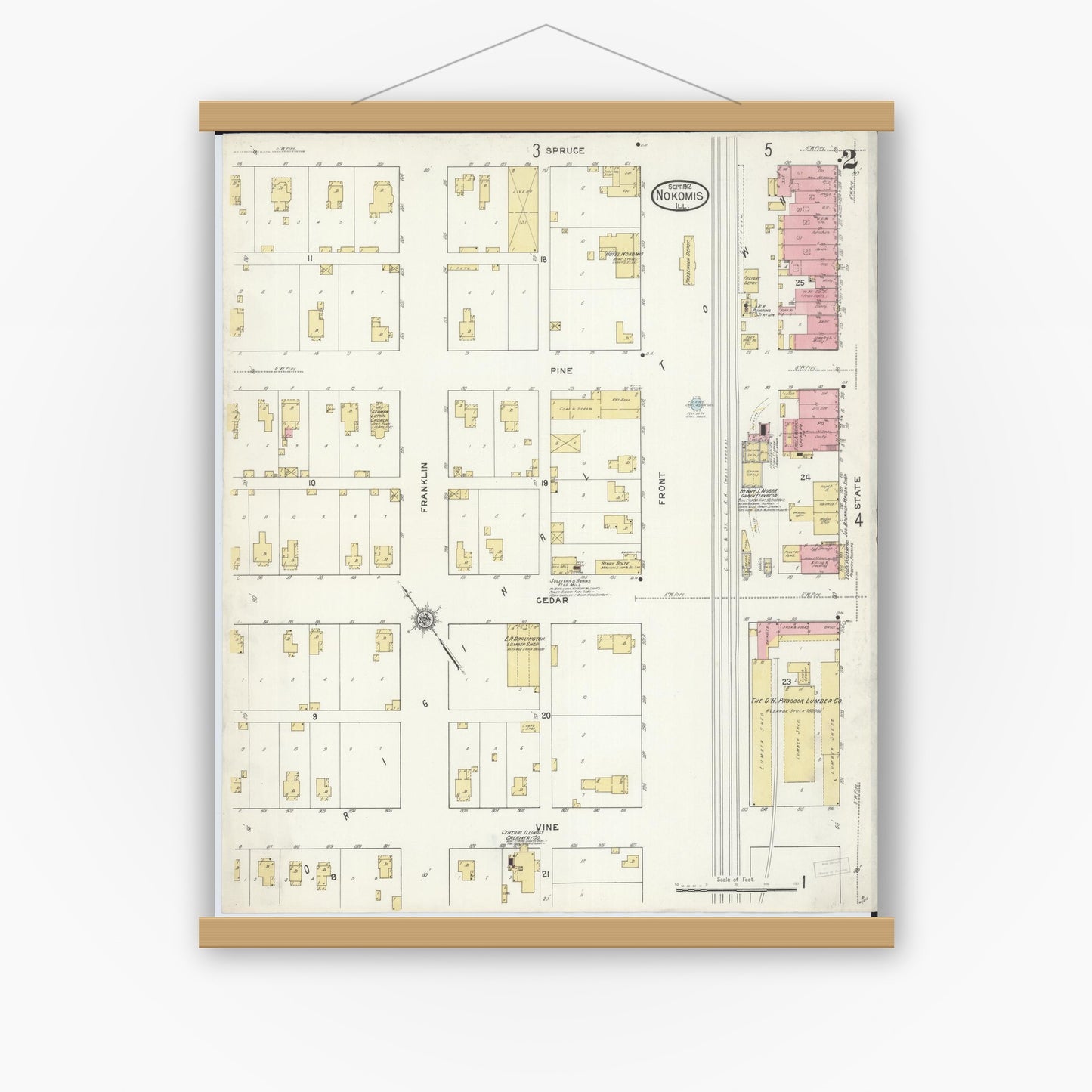 Old map wall art mockup — magnetic wood frame on white wall — Sanborn Fire Insurance Map from Nokomis, Montgomery County, Illinois (1912), Sheet #0002