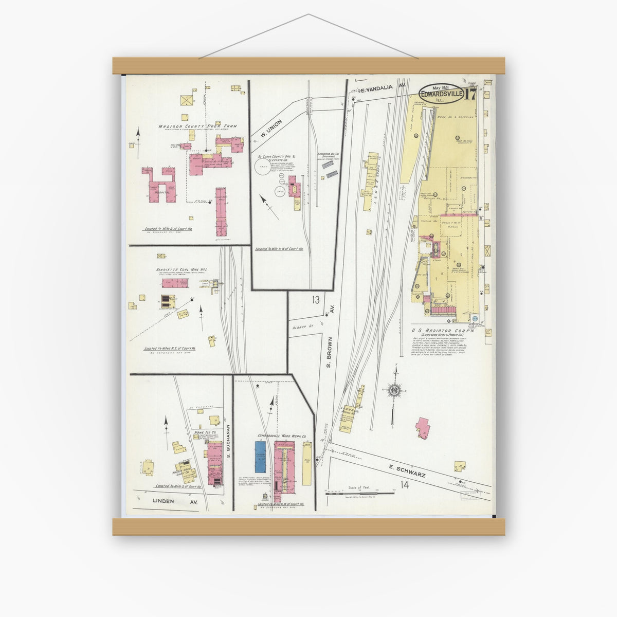 Old map wall art mockup — magnetic wood frame on white wall — Sanborn Fire Insurance Map from Edwardsville, Madison County, Illinois (1921), Sheet #0017