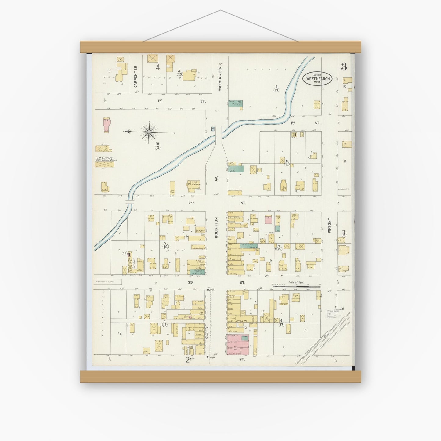 Old map wall art mockup — magnetic wood frame on white wall — Sanborn Fire Insurance Map from West Branch, Ogemaw County, Michigan (1898), Sheet #0003