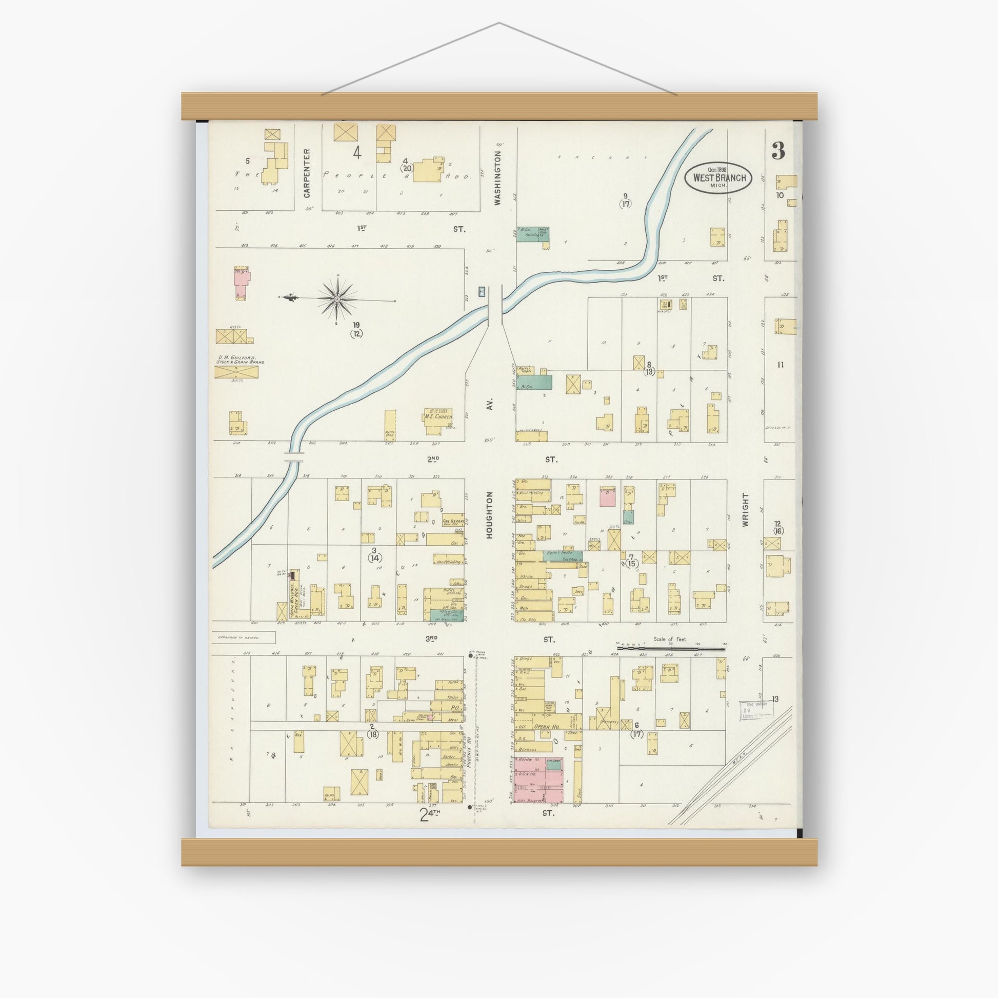 Old map wall art mockup — magnetic wood frame on white wall — Sanborn Fire Insurance Map from West Branch, Ogemaw County, Michigan (1898), Sheet #0003