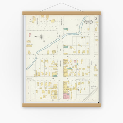 Old map wall art mockup — magnetic wood frame on white wall — Sanborn Fire Insurance Map from West Branch, Ogemaw County, Michigan (1898), Sheet #0003