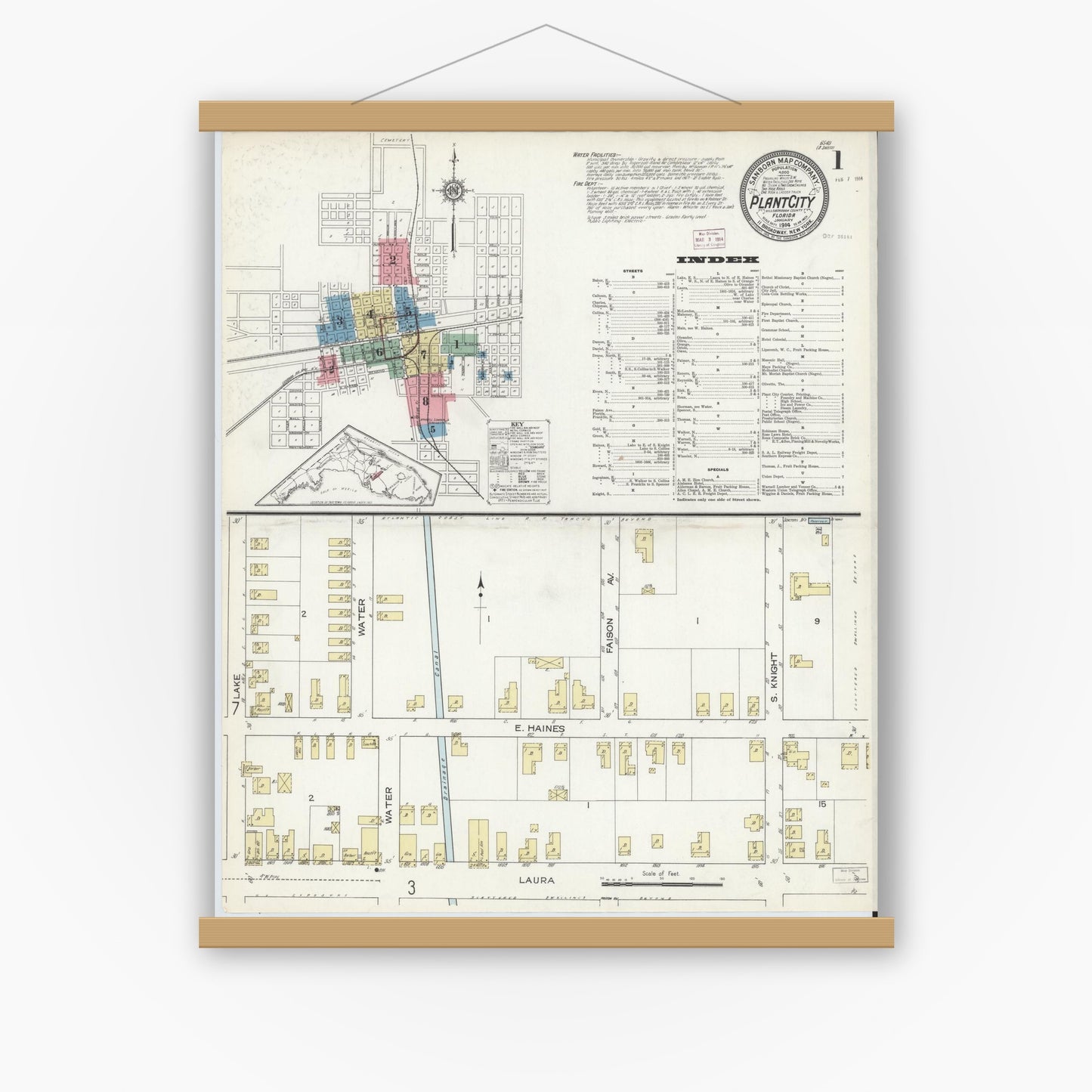 Old map wall art mockup — magnetic wood frame on white wall — Sanborn Fire Insurance Map from Plant City, Hillborough County, Florida (1914), Sheet #0001