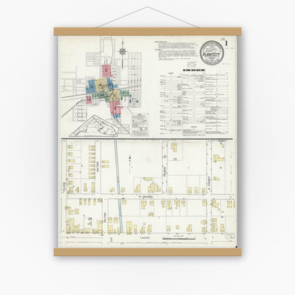 Old map wall art mockup — magnetic wood frame on white wall — Sanborn Fire Insurance Map from Plant City, Hillborough County, Florida (1914), Sheet #0001