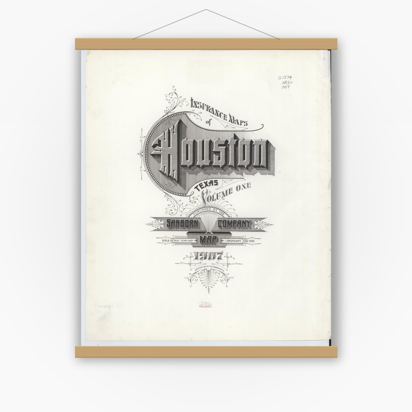 Old map wall art mockup — magnetic wood frame on white wall — Sanborn Fire Insurance Map from Houston, Harris County, Texas (1907), Sheet #0001