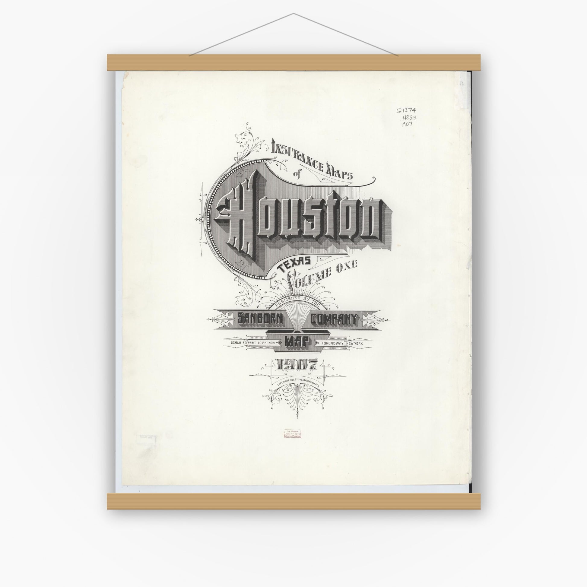 Old map wall art mockup — magnetic wood frame on white wall — Sanborn Fire Insurance Map from Houston, Harris County, Texas (1907), Sheet #0001