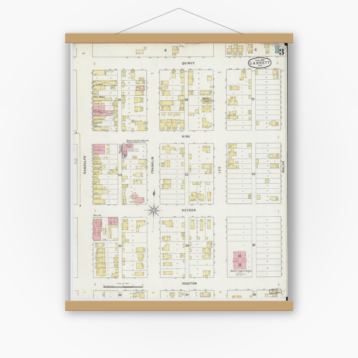Old map wall art mockup — magnetic wood frame on white wall — Sanborn Fire Insurance Map from Garrett, De Kalb County, Indiana (1895), Sheet #0003