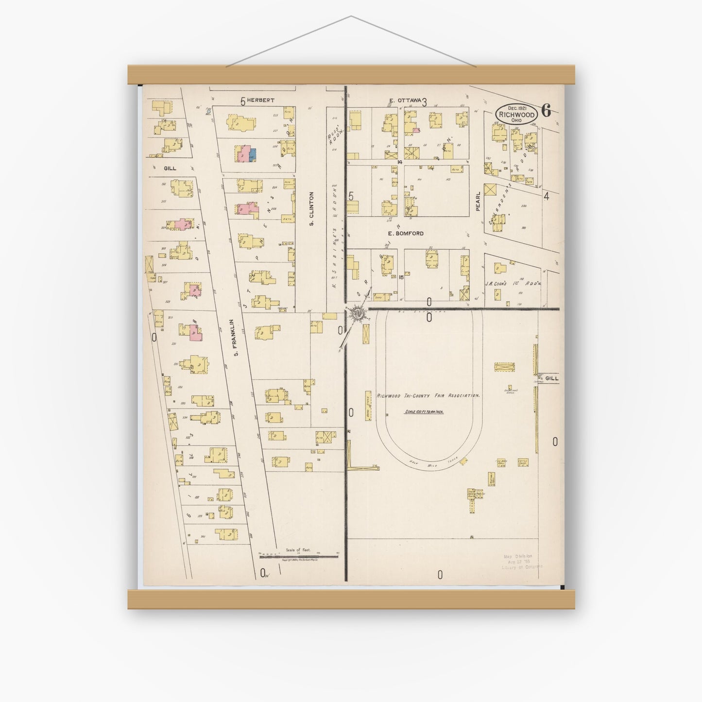 Old map wall art mockup — magnetic wood frame on white wall — Sanborn Fire Insurance Map from Richwood, Union County, Ohio (1921), Sheet #0006