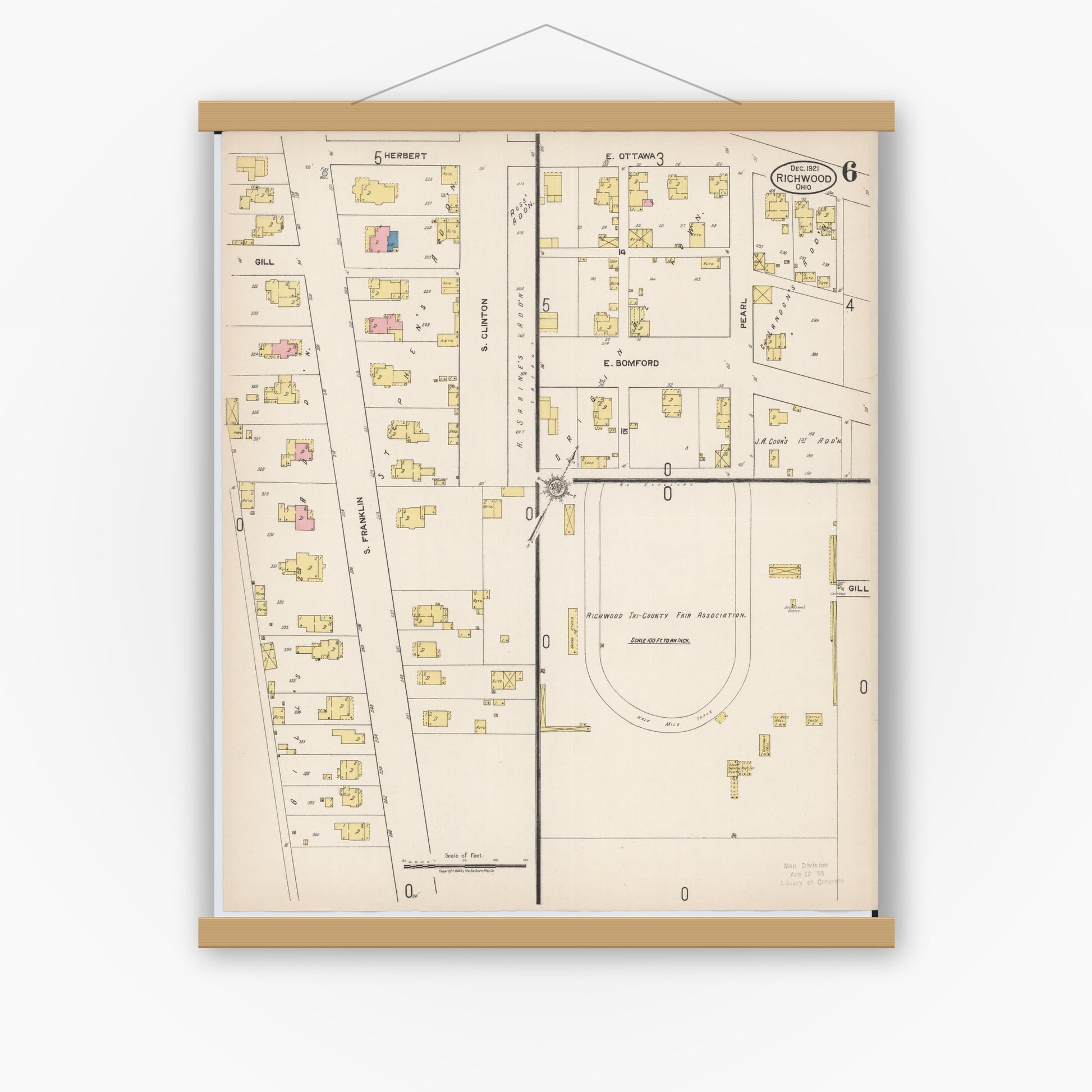 Old map wall art mockup — magnetic wood frame on white wall — Sanborn Fire Insurance Map from Richwood, Union County, Ohio (1921), Sheet #0006