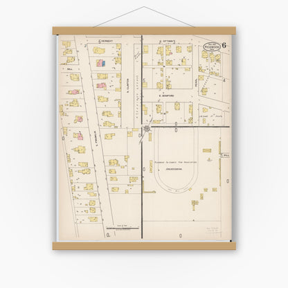 Old map wall art mockup — magnetic wood frame on white wall — Sanborn Fire Insurance Map from Richwood, Union County, Ohio (1921), Sheet #0006