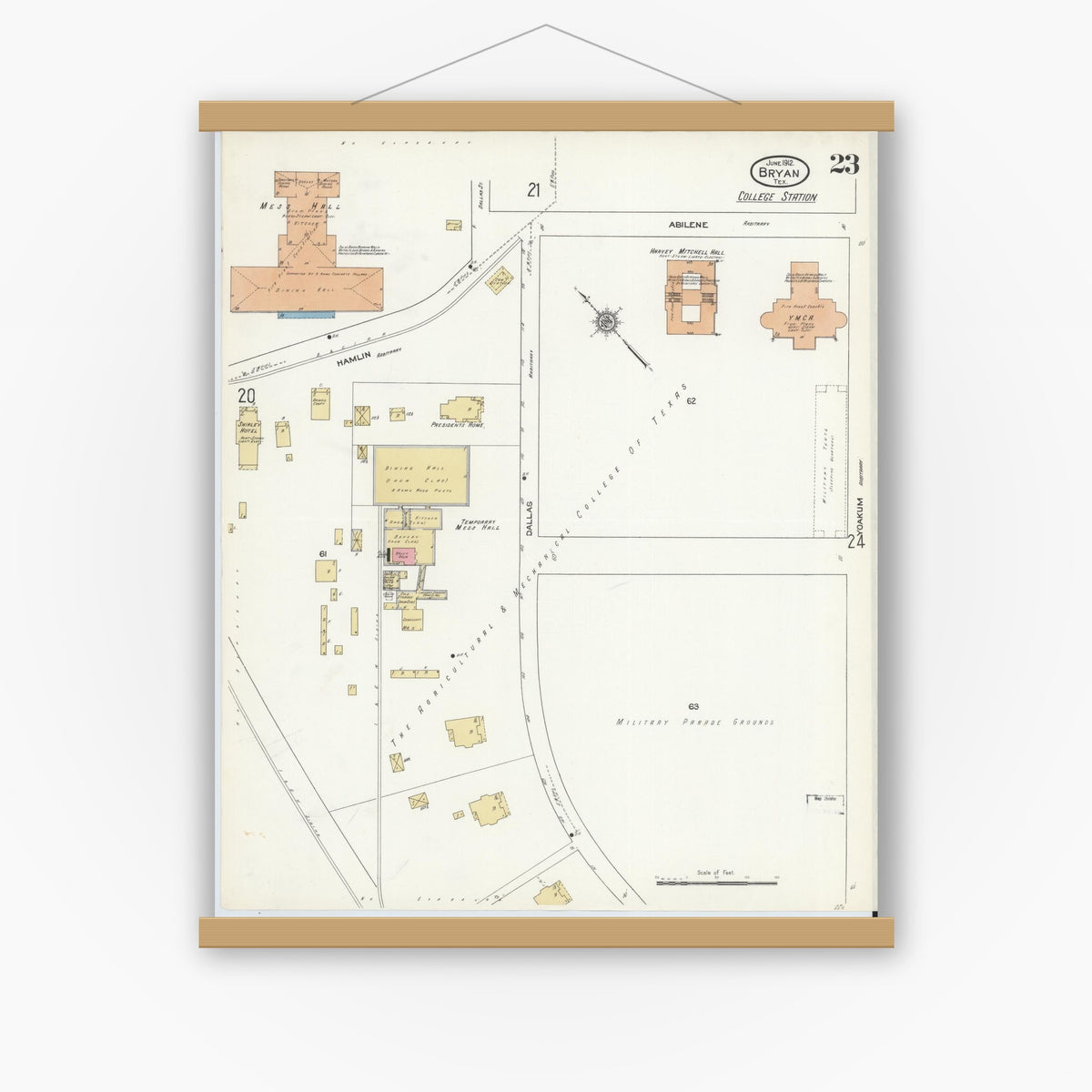 Old map wall art mockup — magnetic wood frame on white wall — Sanborn Fire Insurance Map from Bryan, Brazos County, Texas (1912), Sheet #0023