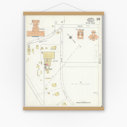 Old map wall art mockup — magnetic wood frame on white wall — Sanborn Fire Insurance Map from Bryan, Brazos County, Texas (1912), Sheet #0023