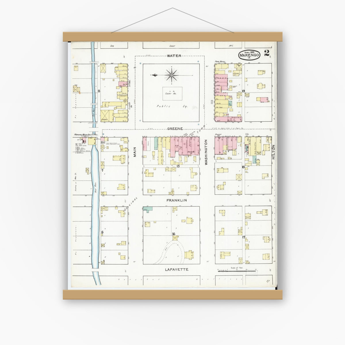 Old map wall art mockup — magnetic wood frame on white wall — Sanborn Fire Insurance Map from Marengo, Iowa County, Iowa (1892), Sheet #0002