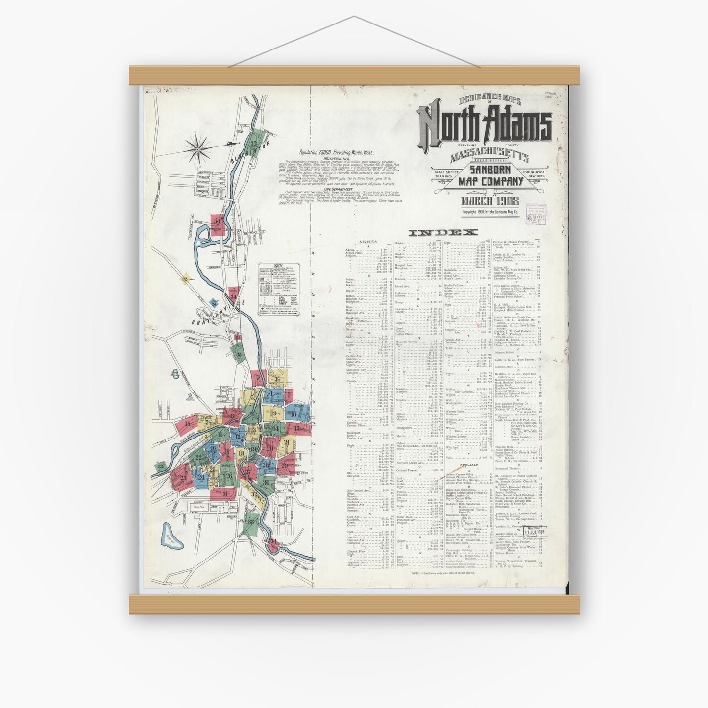 Old map wall art mockup — magnetic wood frame on white wall — Sanborn Fire Insurance Map from North Adams, Berkshire County, Massachusetts (1908), Sheet #0001