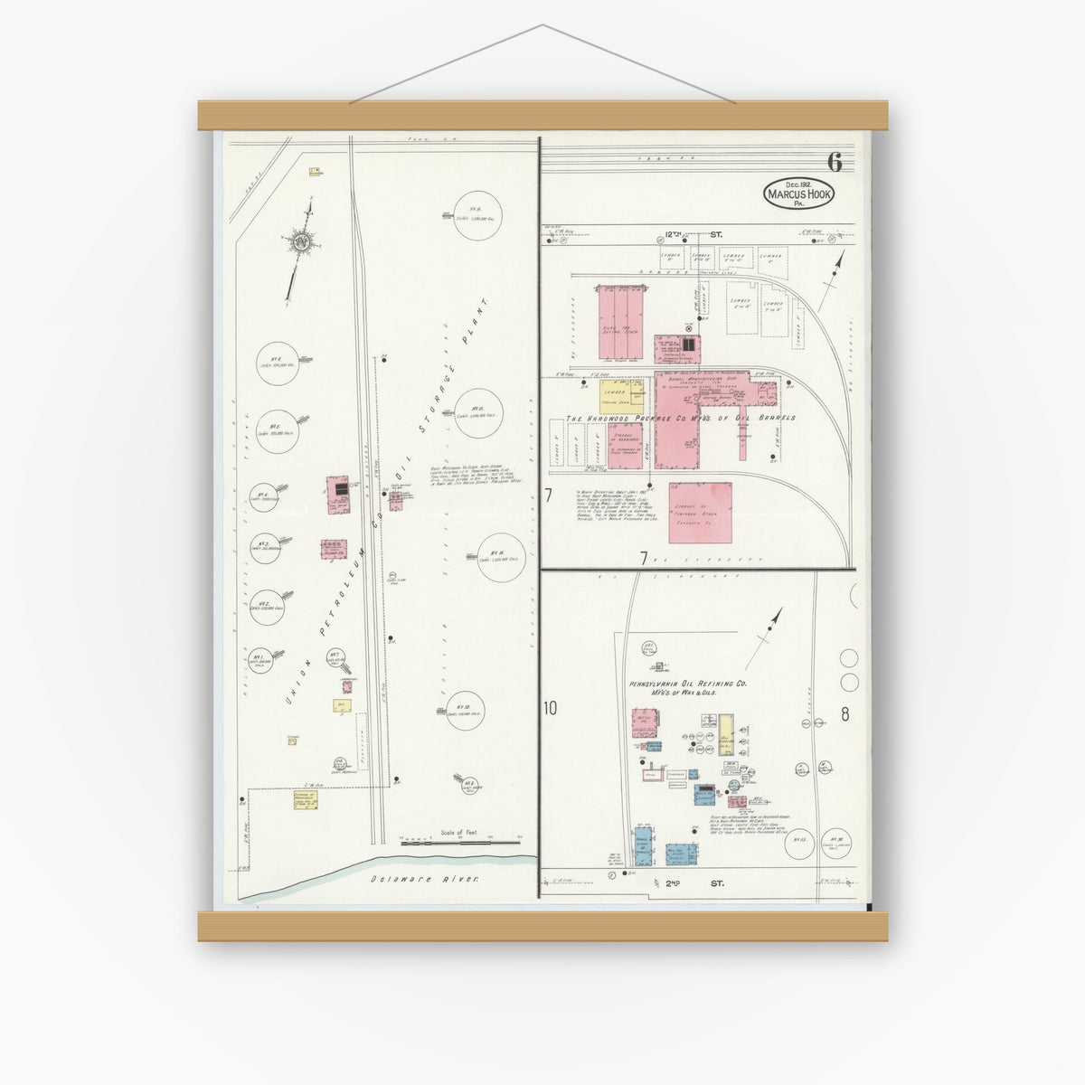 Old map wall art mockup — magnetic wood frame on white wall — Sanborn Fire Insurance Map from Marcus Hook, Chester County, Pennsylvania (1912), Sheet #0006