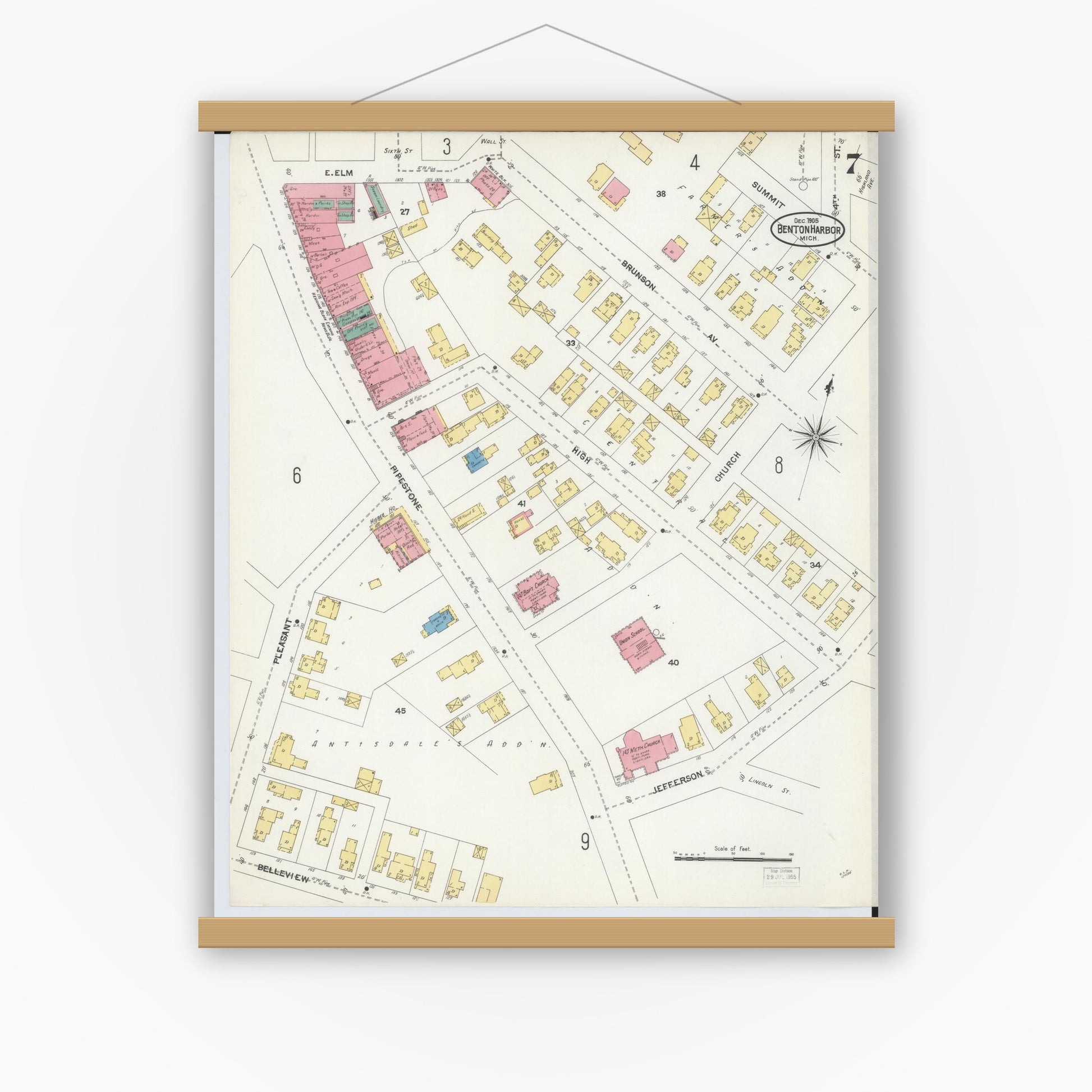 Old map wall art mockup — magnetic wood frame on white wall — Sanborn Fire Insurance Map from Benton Harbor, Berrien County, Michigan (1905), Sheet #0007