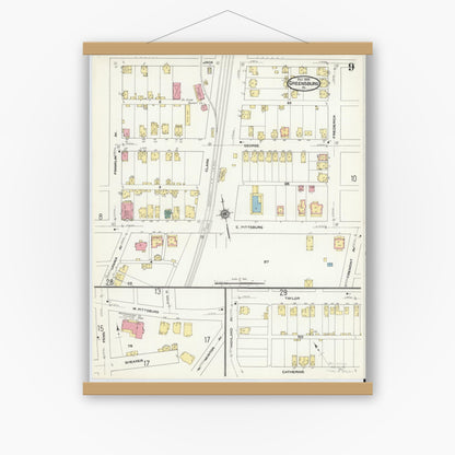 Old map wall art mockup — magnetic wood frame on white wall — Sanborn Fire Insurance Map from Greensburg, Westmoreland County, Pennsylvania (1909), Sheet #0009