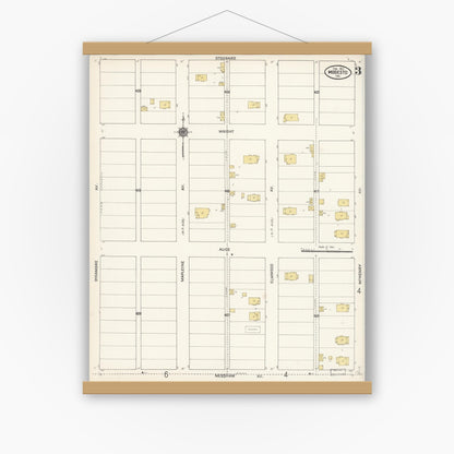 Old map wall art mockup — magnetic wood frame on white wall — Sanborn Fire Insurance Map from Modesto, Stanislaus County, California (1911), Sheet #0003