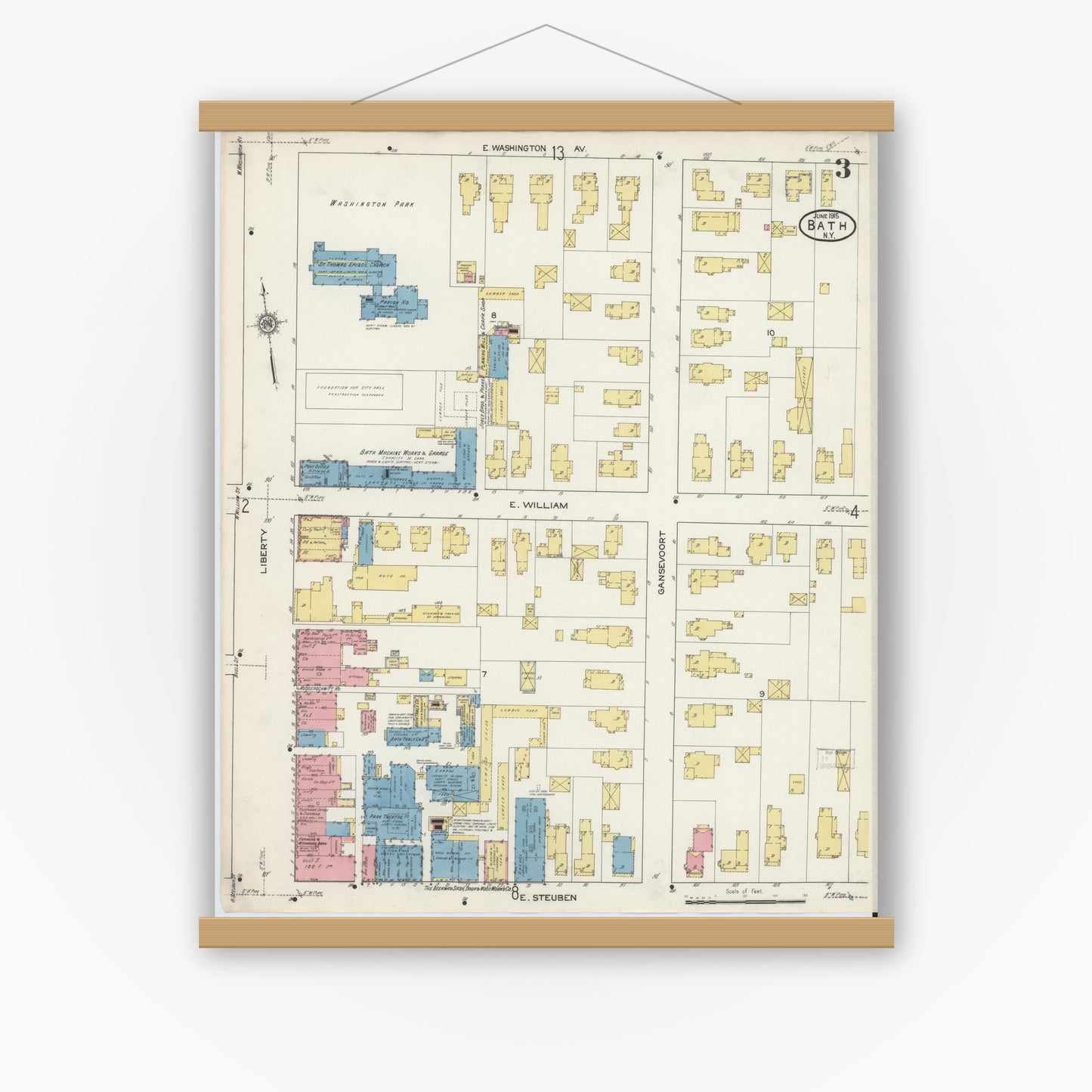 Old map wall art mockup — magnetic wood frame on white wall — Sanborn Fire Insurance Map from Bath, Steuben County, New York (1915), Sheet #0003