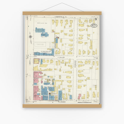 Old map wall art mockup — magnetic wood frame on white wall — Sanborn Fire Insurance Map from Bath, Steuben County, New York (1915), Sheet #0003
