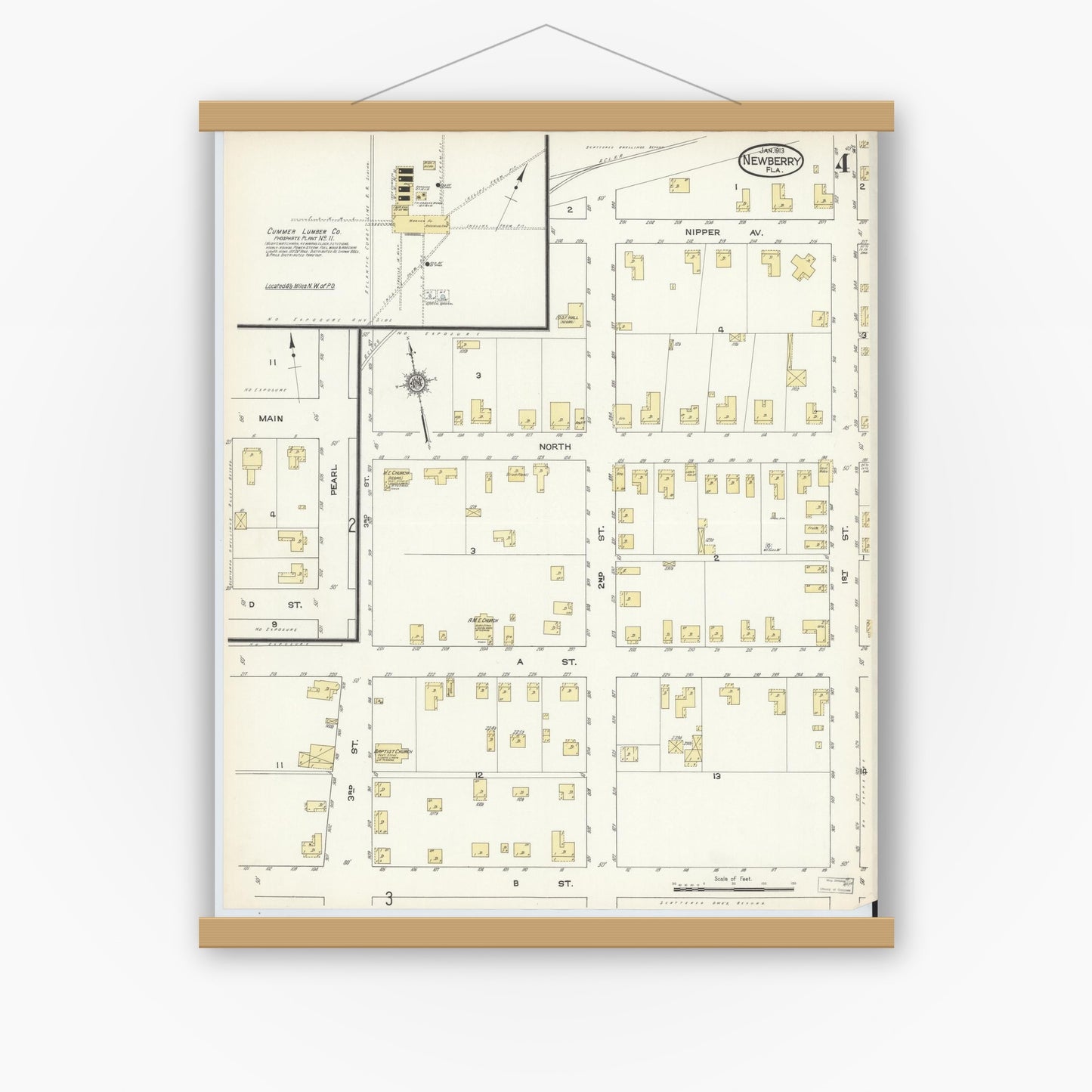 Old map wall art mockup — magnetic wood frame on white wall — Sanborn Fire Insurance Map from Newberry, Alachua County, Florida (1913), Sheet #0004