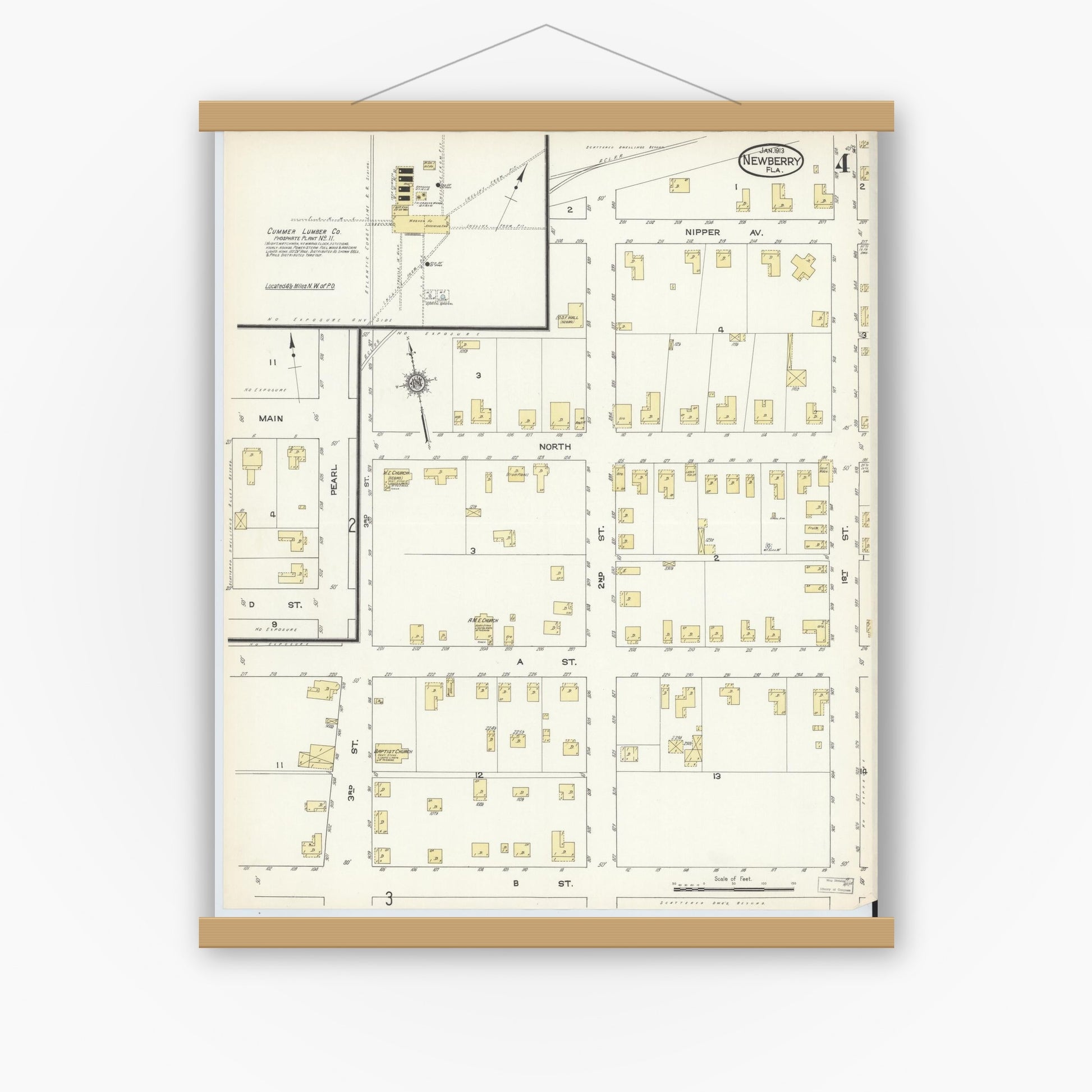 Old map wall art mockup — magnetic wood frame on white wall — Sanborn Fire Insurance Map from Newberry, Alachua County, Florida (1913), Sheet #0004