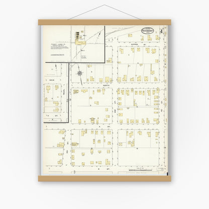 Old map wall art mockup — magnetic wood frame on white wall — Sanborn Fire Insurance Map from Newberry, Alachua County, Florida (1913), Sheet #0004