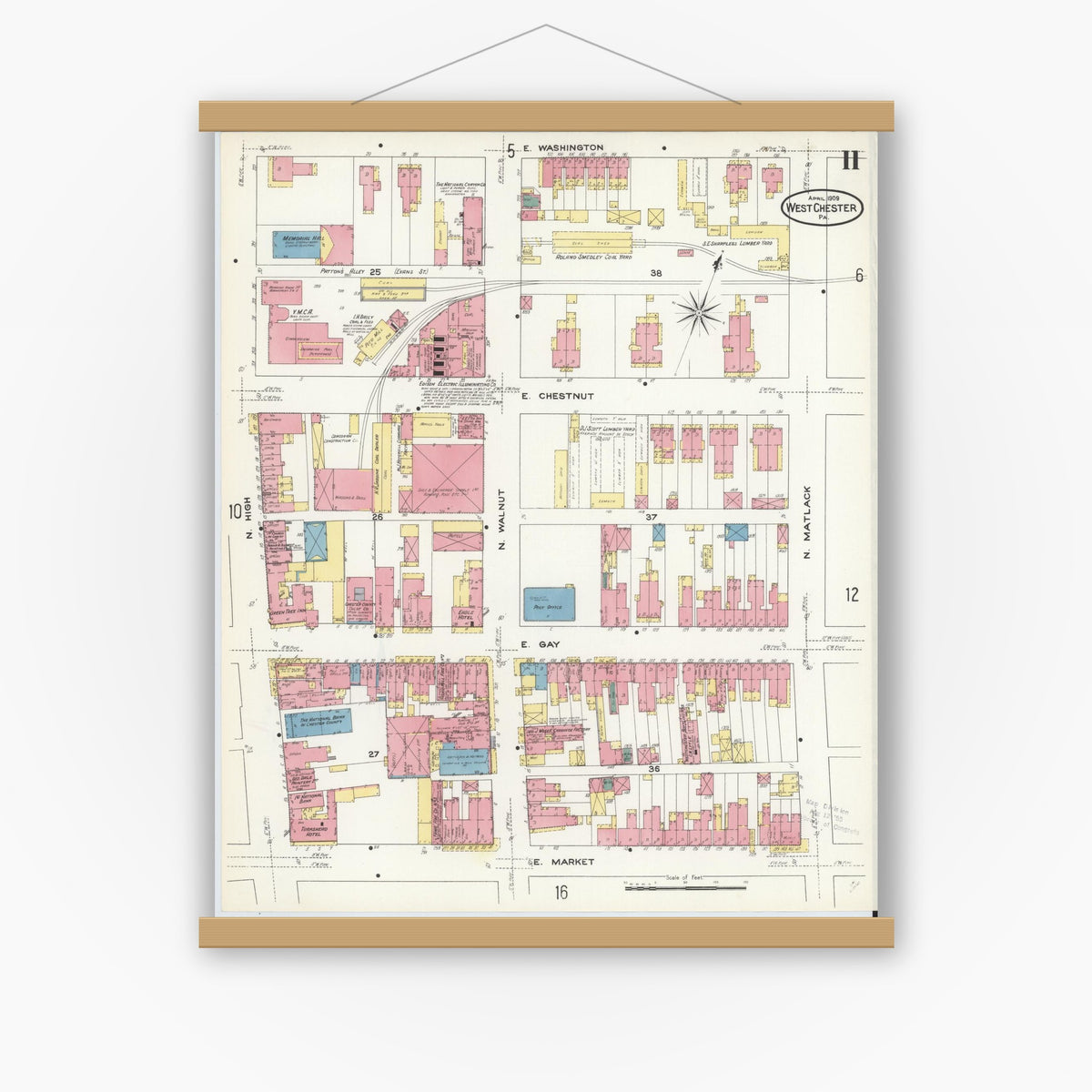 Old map wall art mockup — magnetic wood frame on white wall — Sanborn Fire Insurance Map from West Chester, Chester County, Pennsylvania (1909), Sheet #0011
